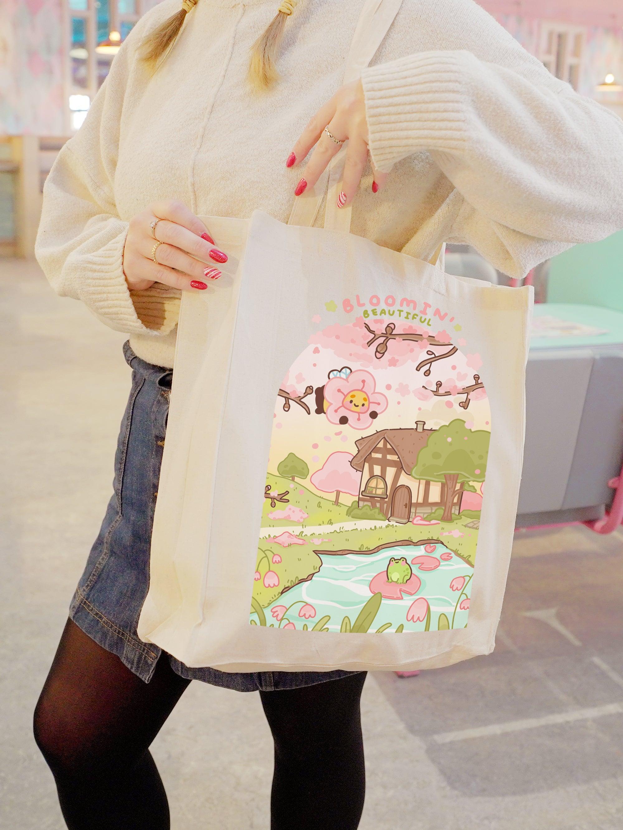 Pink Spring Scene Tote Bag featuring Bumblebutt, the adorable bumble bee character - Eco-friendly and practical.