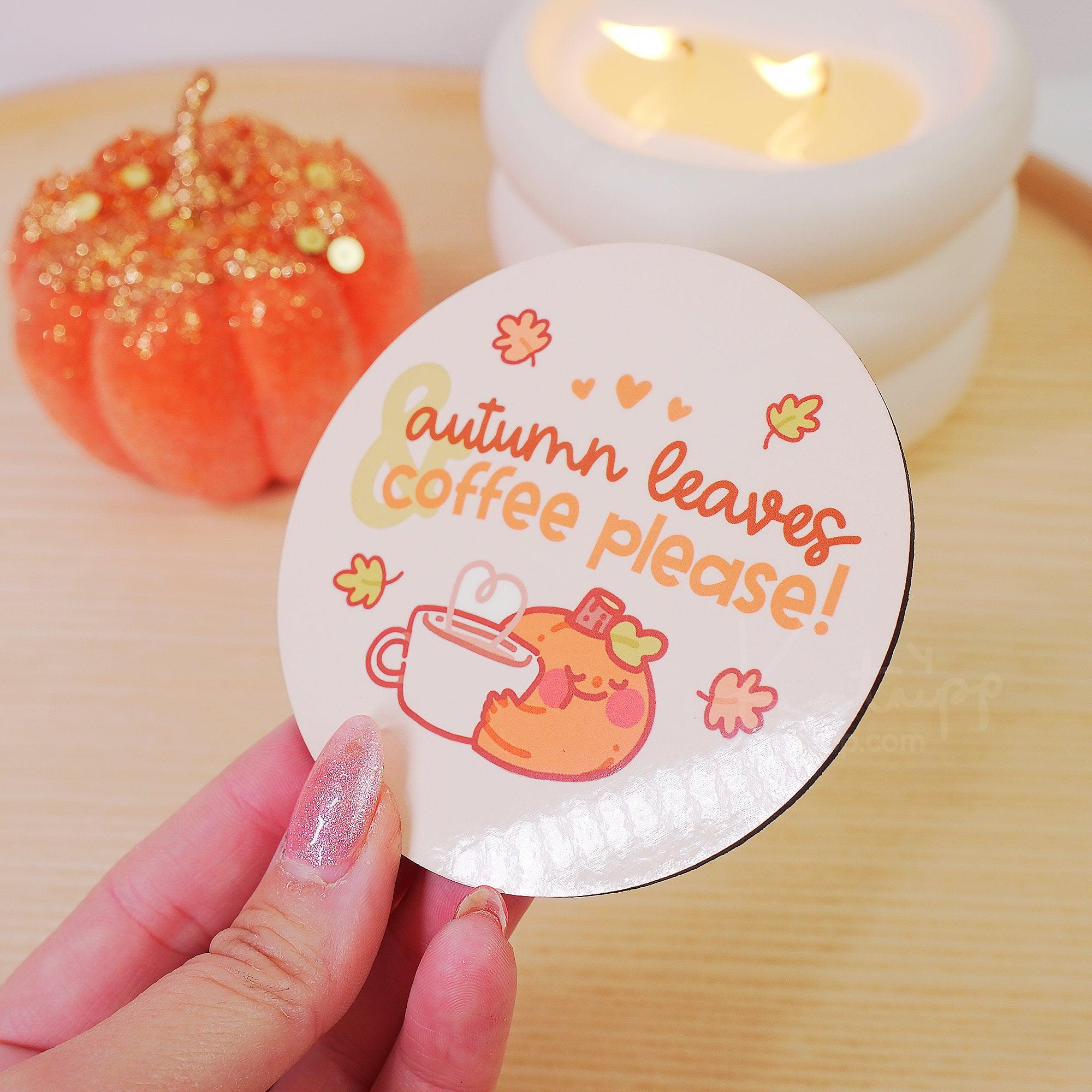 Autumn Leaves & Coffee Please Wooden Coasters - Handprinted Katnipp Design - 9.5cm Diameter, secondary