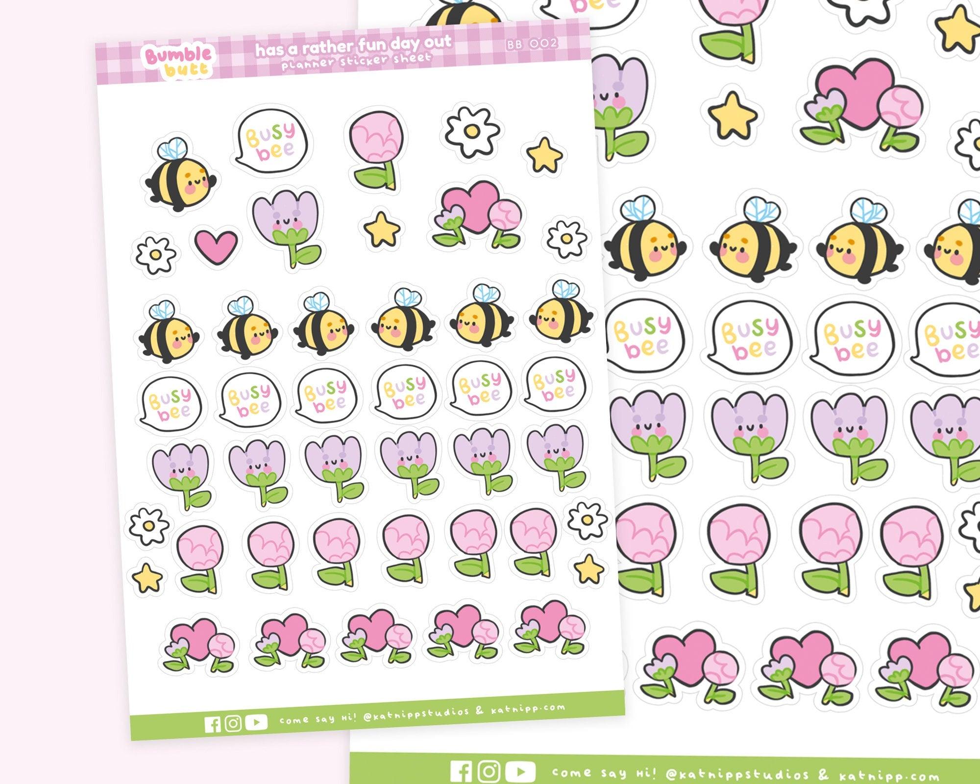 Adorable bumblebee planner stickers crafted on A6 premium paper with vinyl sticker material, perfect for decorating planners and scrapbooks.