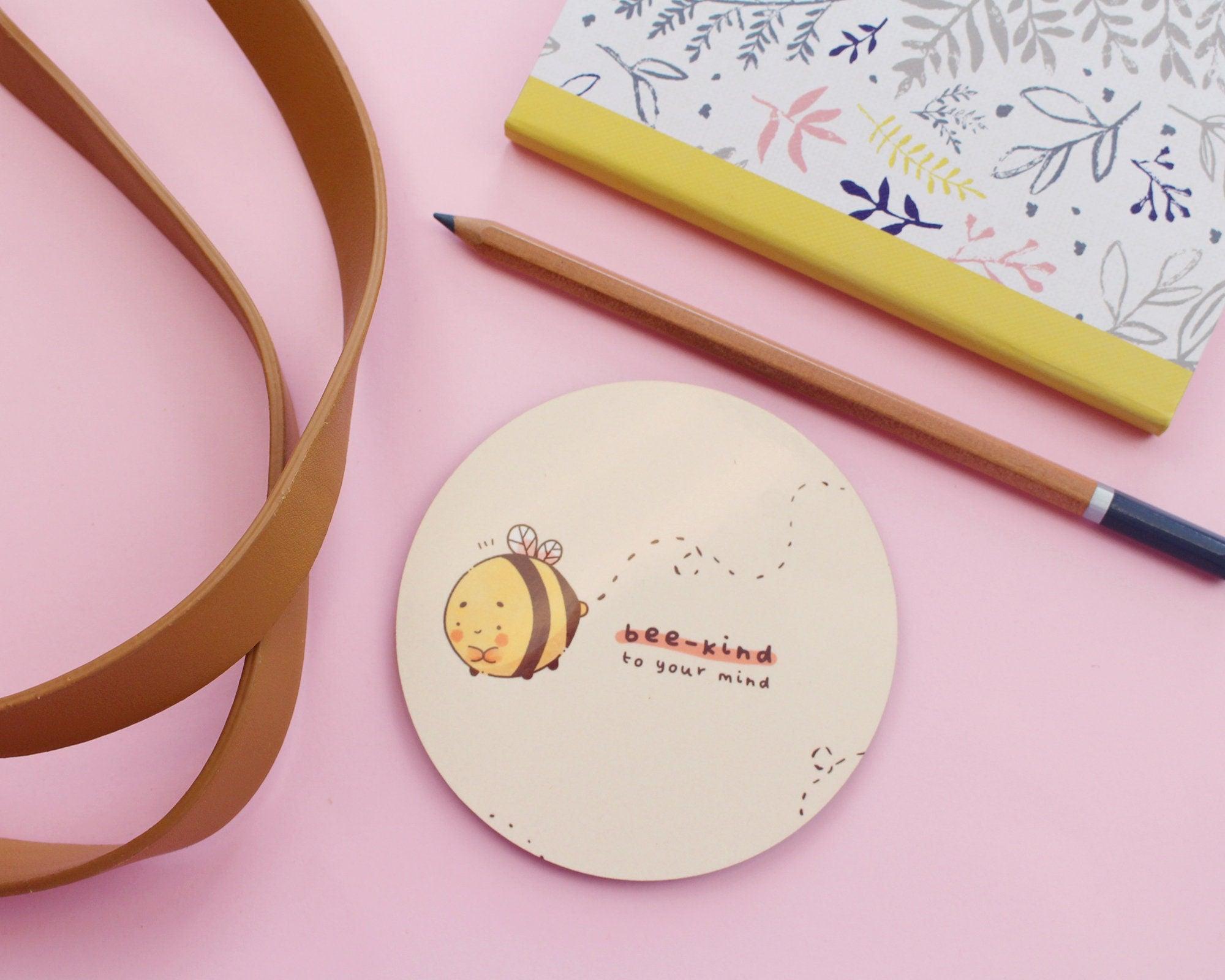 Handprinted MDF coasters featuring Bumblebutt character and cute bumblebee illustrations