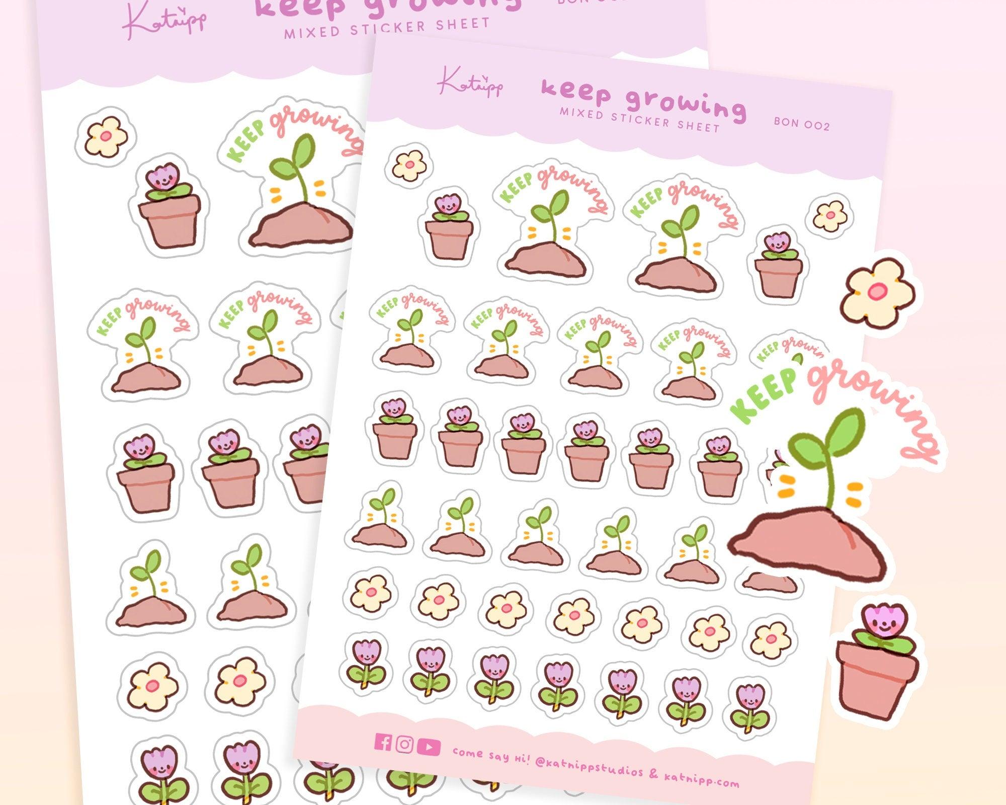 Bonbun's Spring Plants Sticker Sheet - A6 size. Adorable and motivational stickers for planners and journals, featuring original illustrations.