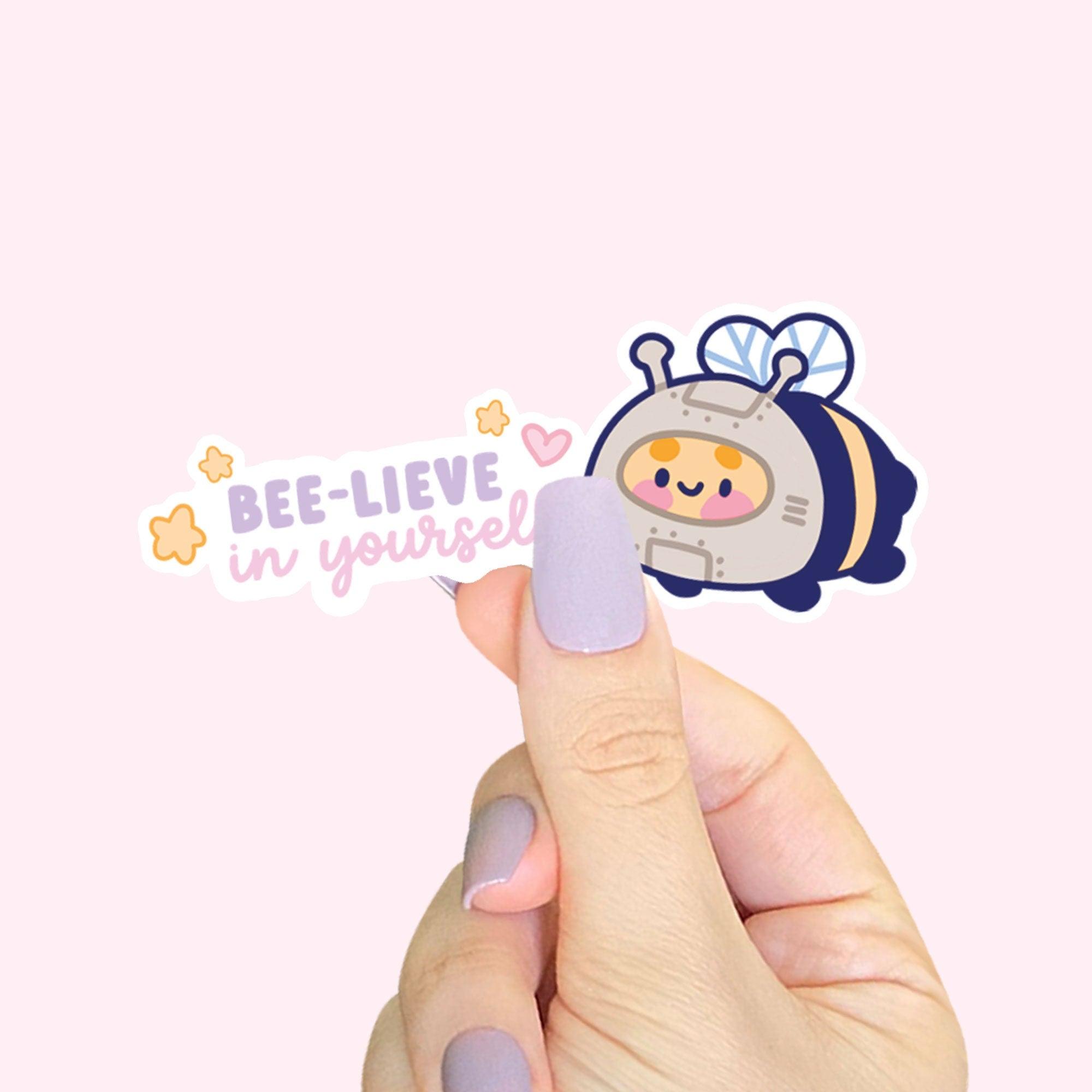 Image of Bumblebutt 'Bee-Lieve in Yourself' die-cut vinyl sticker on a white background.