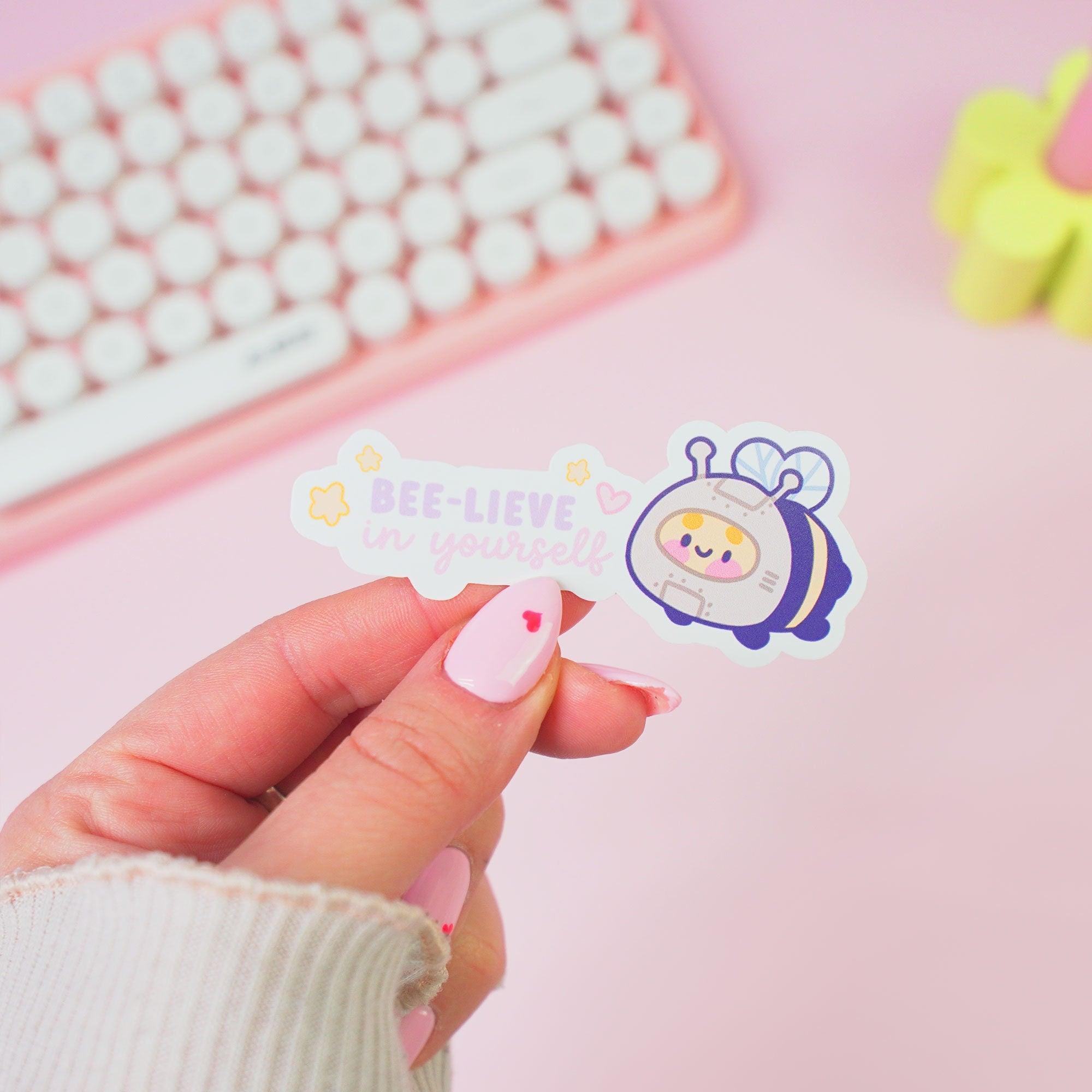 Image of Bumblebutt 'Bee-Lieve in Yourself' die-cut vinyl sticker on a white background. 2