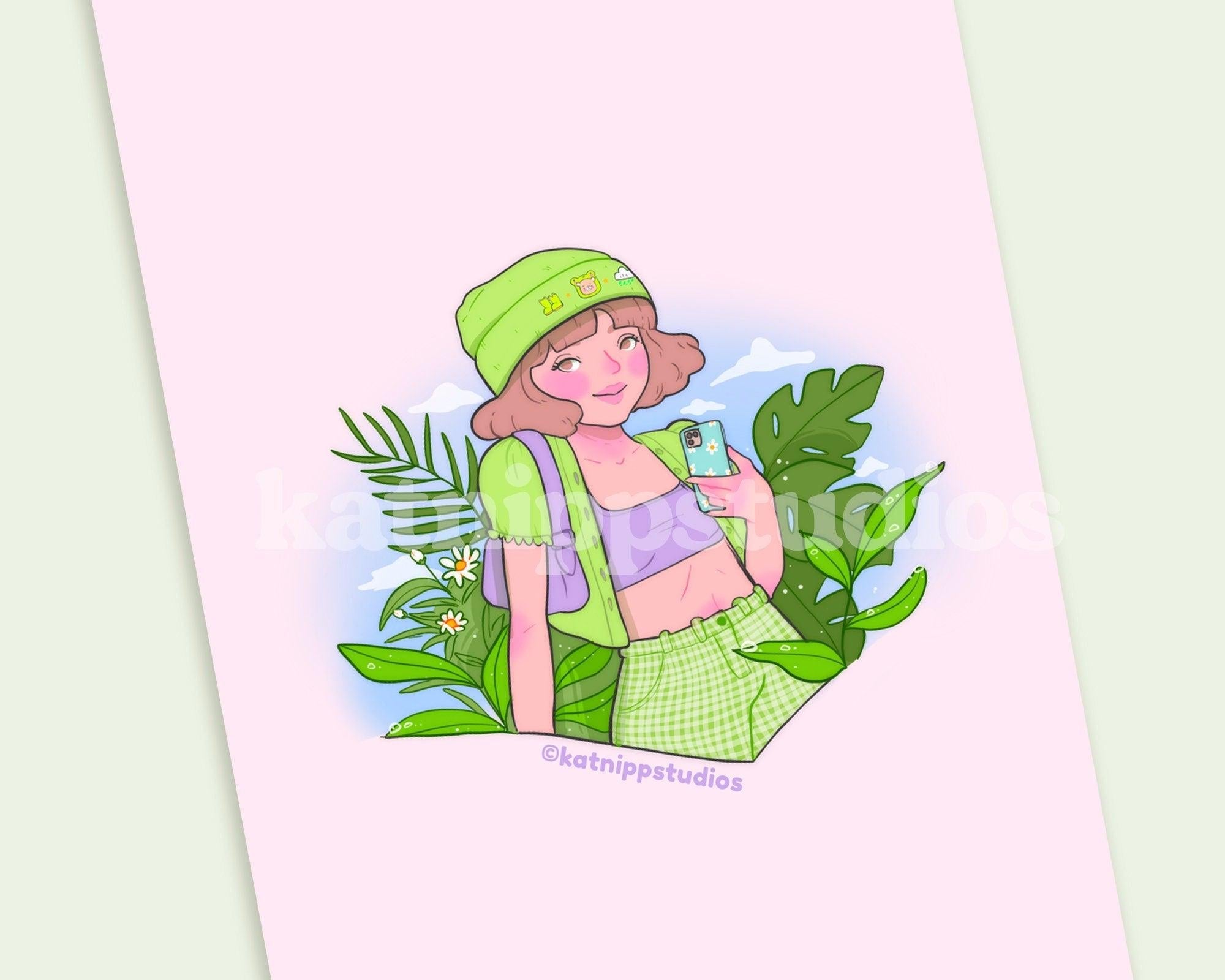 Cool Monstera Fashion Art Print ~ Kawaii Pastel Plant Girl - Katnipp Illustrations