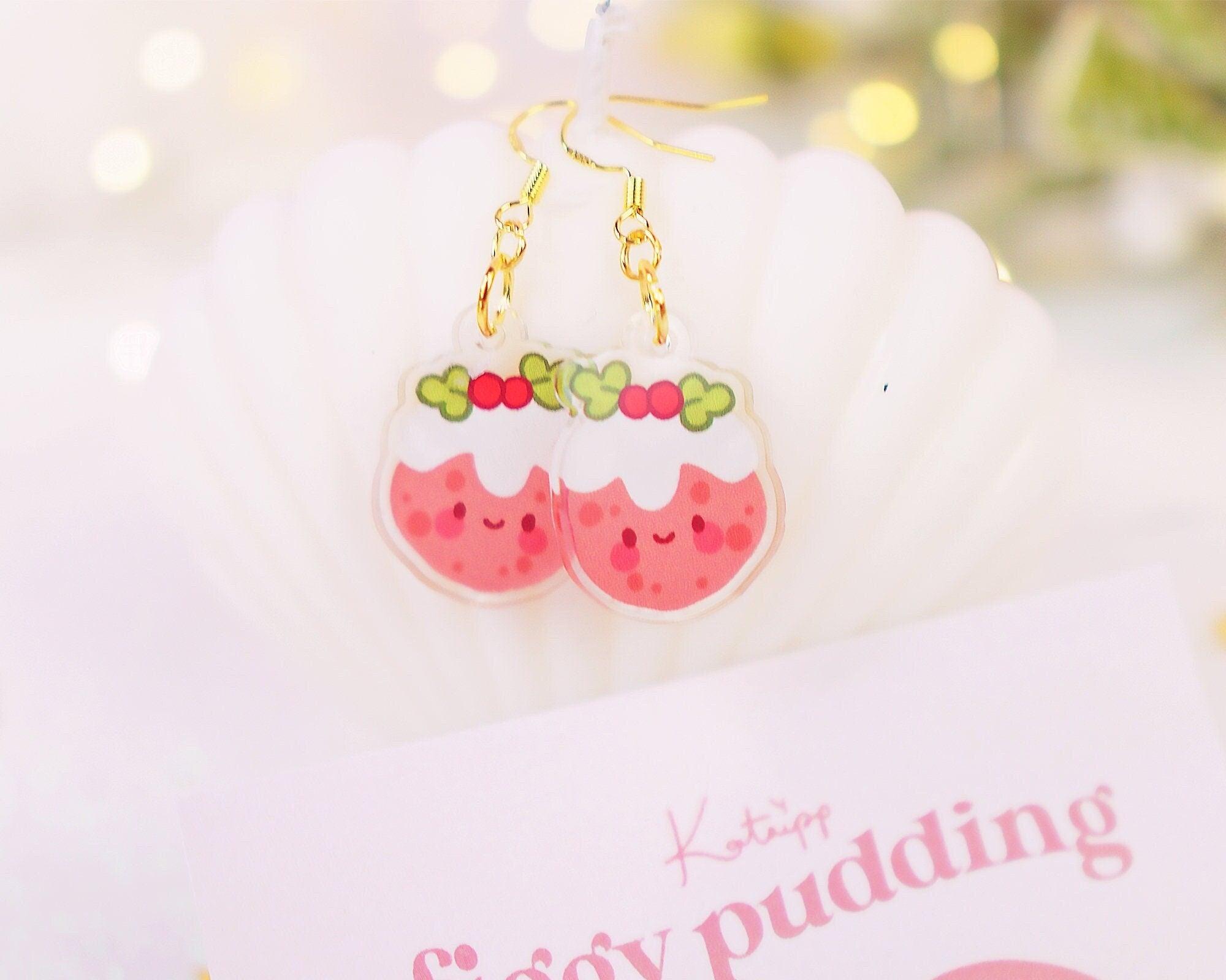 Figgy Pudding Dainty Christmas Gold Tone Drop Earrings - Katnipp Illustrations