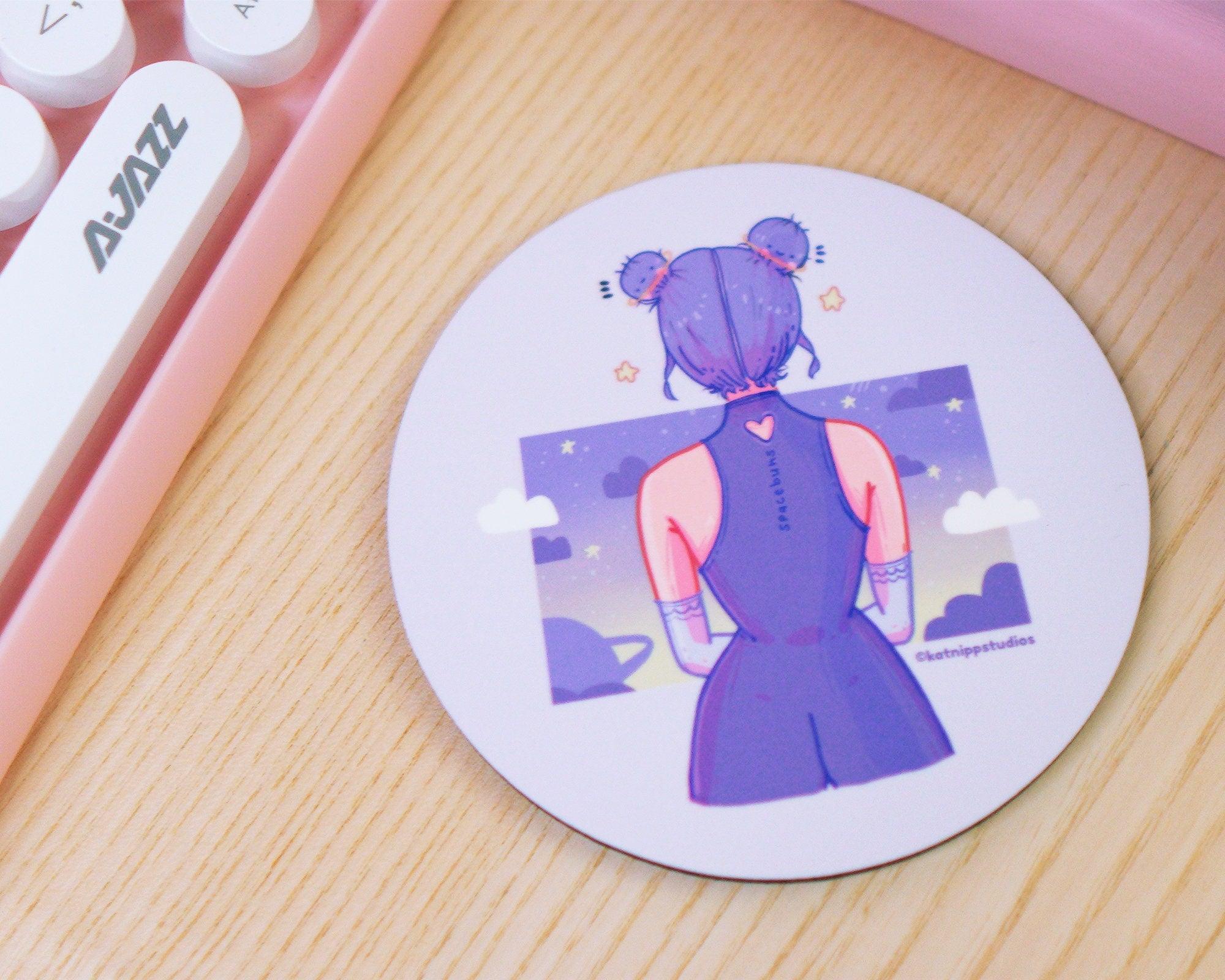 Space Buns Kawaii Anime Girl Desk Accessory Drinks Coaster - Katnipp Illustrations