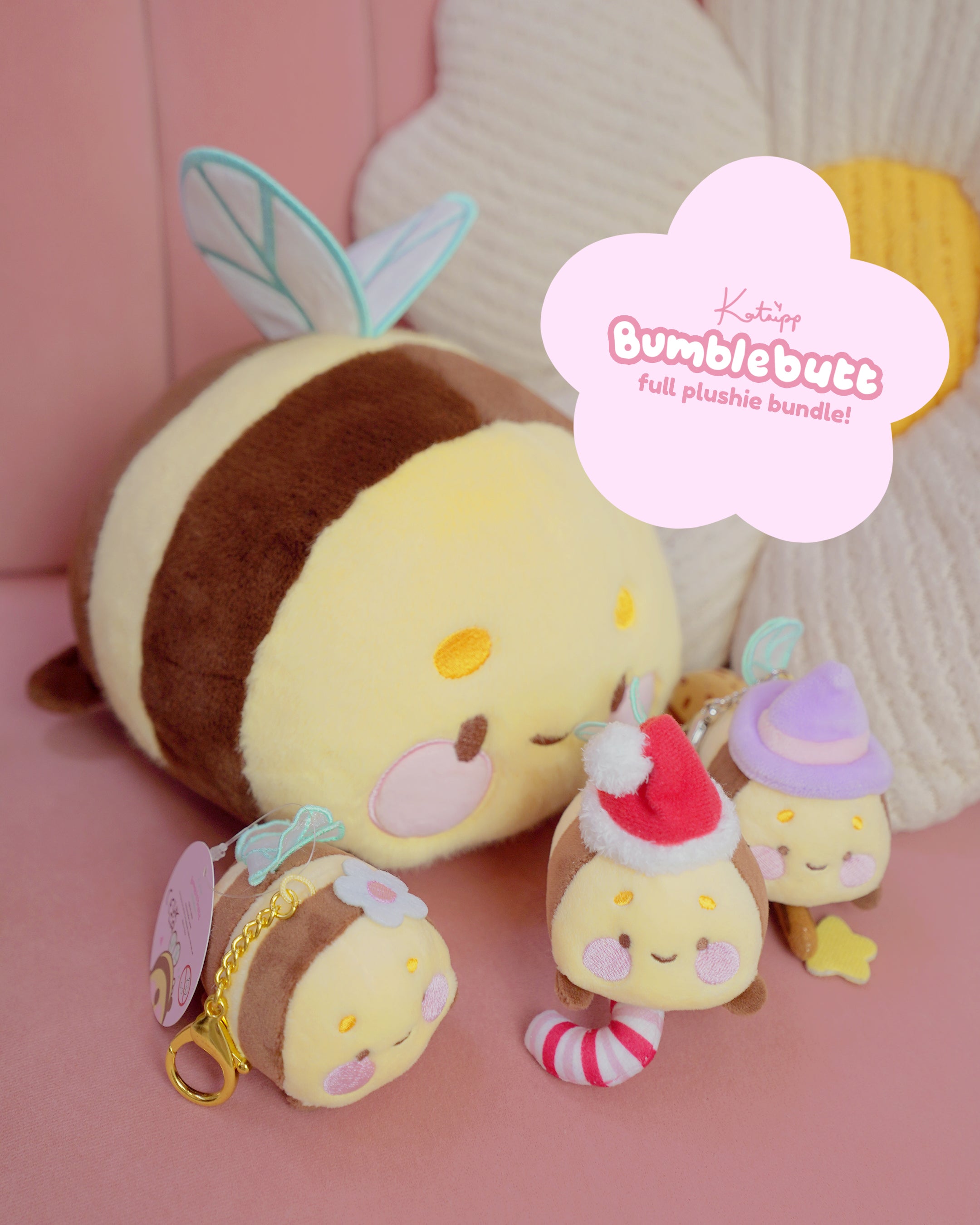 Bumblebutt Plush & Keychain Collector’s Bundle | Large Plush + Candy Cane Sakura Pastel Witch Keychains | Whimsical Kawaii Cottagecore Plush Set | Katnipp Studios