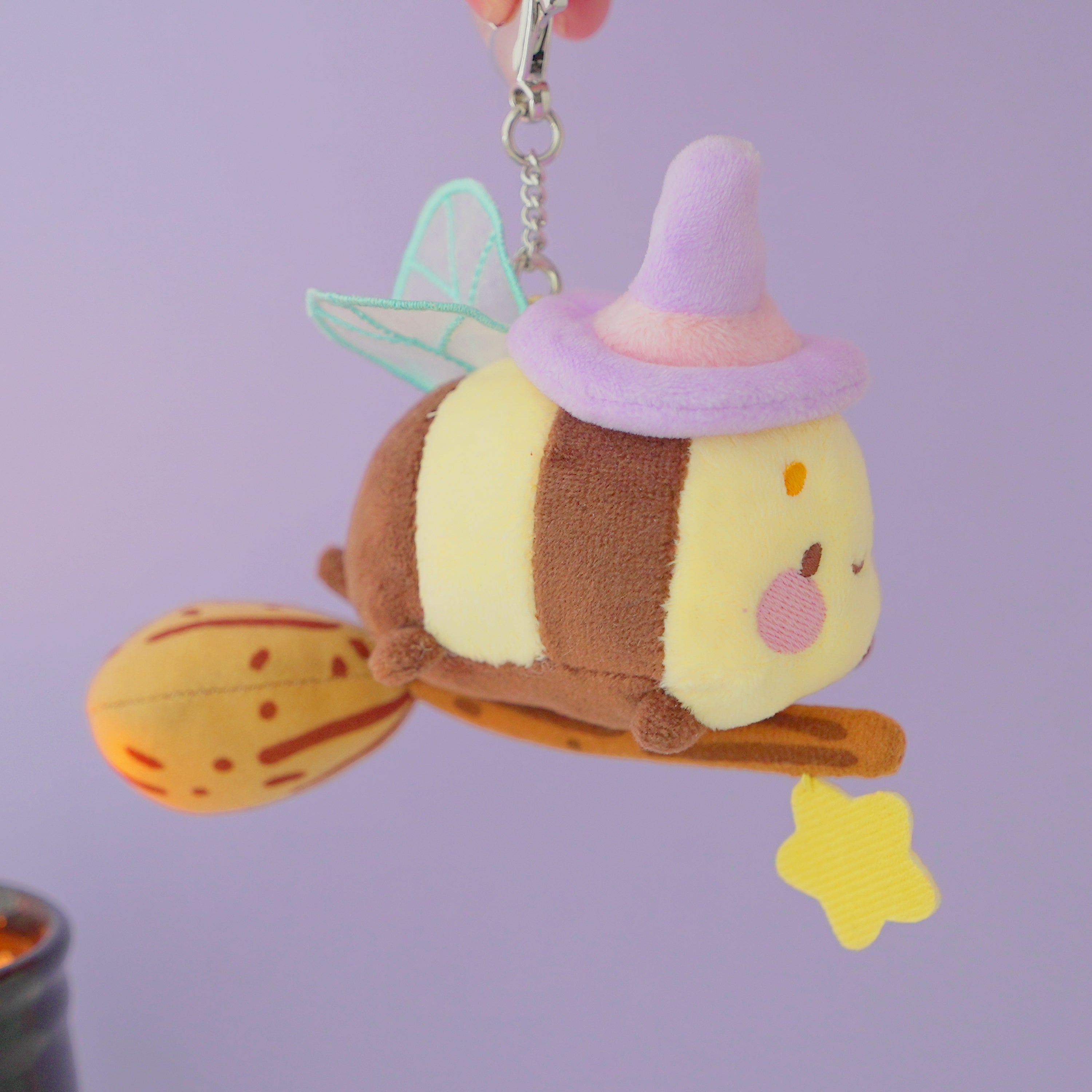 Bumblebutt & The Pastel Witch Keychain | Kawaii Bee Witch Plush on Broom | Cute Halloween Keyring