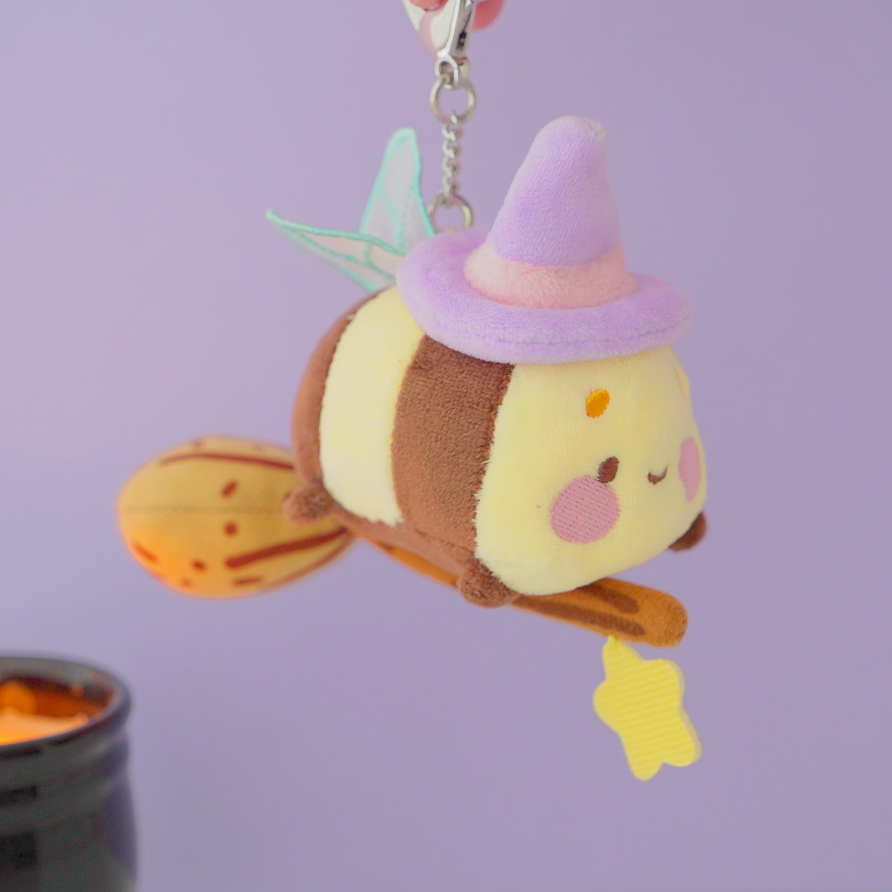 Bumblebutt & The Pastel Witch Keychain | Kawaii Bee Witch Plush on Broom | Cute Halloween Keyring