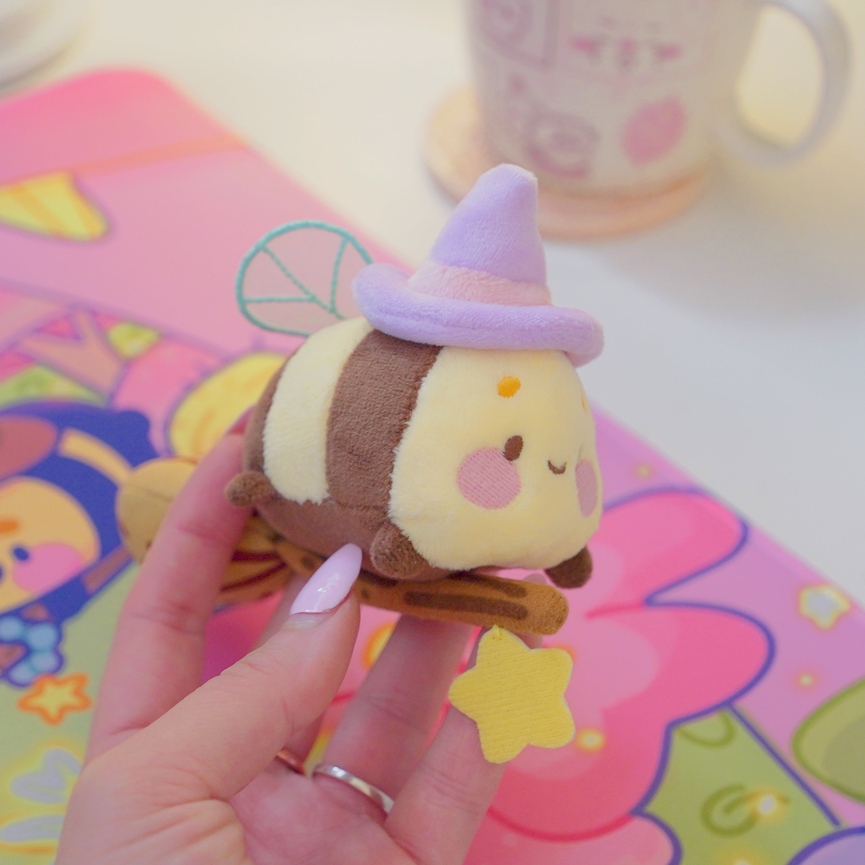 Bumblebutt & The Pastel Witch Keychain | Kawaii Bee Witch Plush on Broom | Cute Halloween Keyring
