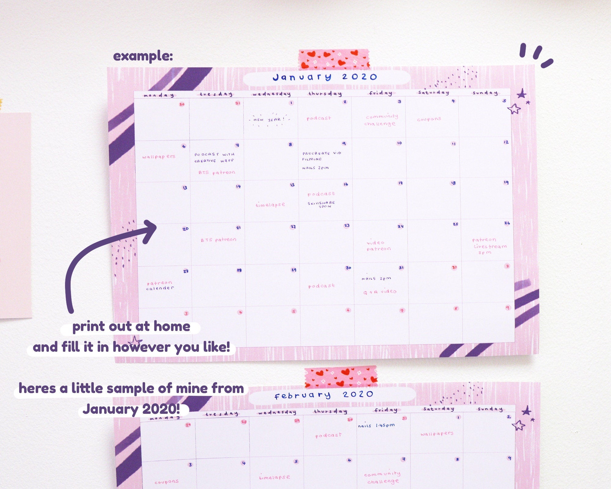 2026 Monthly Printable Wall Calendar & Planner | Flexible Pastel Pink & Navy Digital Download for Home or Office Organisation Katnipp character product
