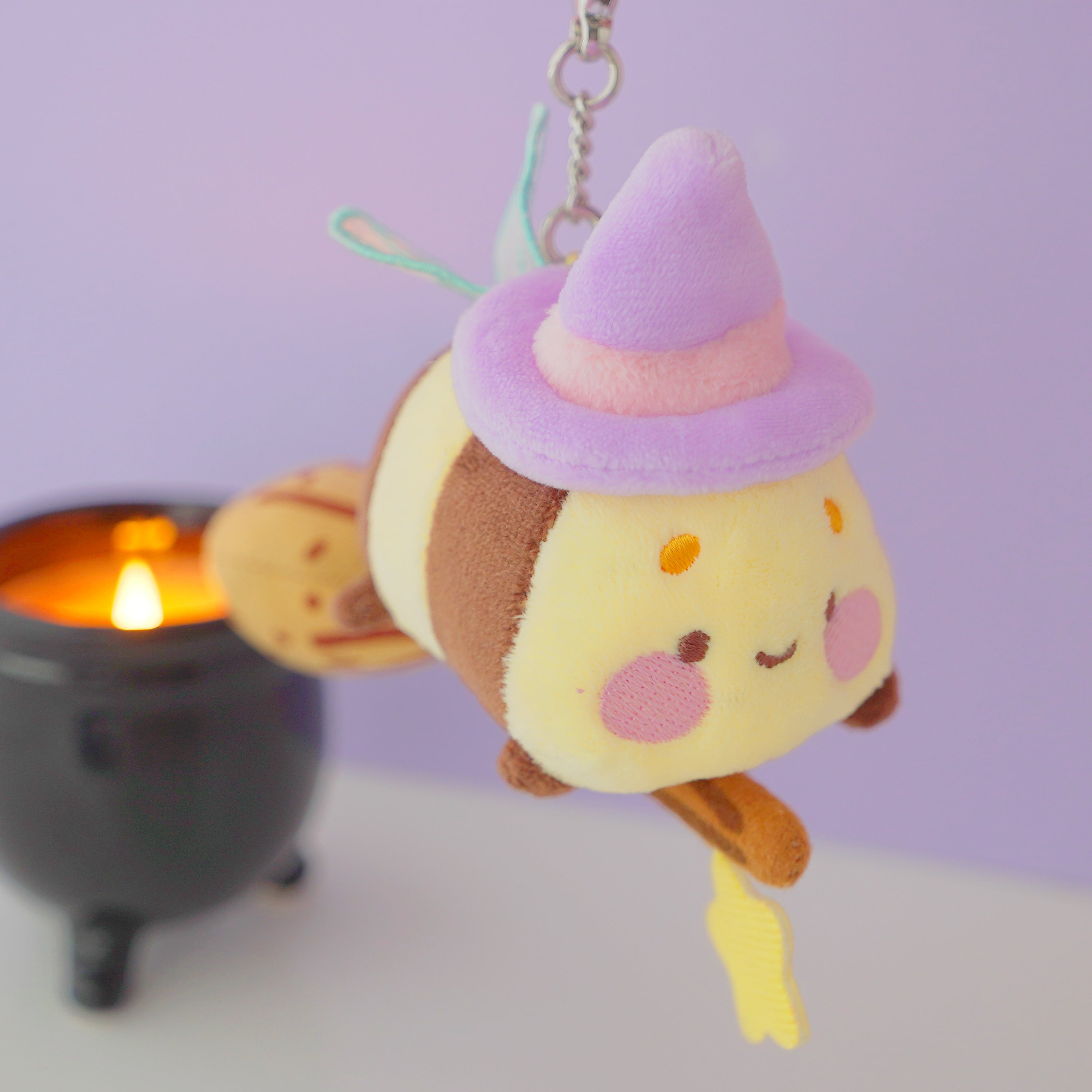 Bumblebutt & The Pastel Witch Keychain | Kawaii Bee Witch Plush on Broom | Cute Halloween Keyring