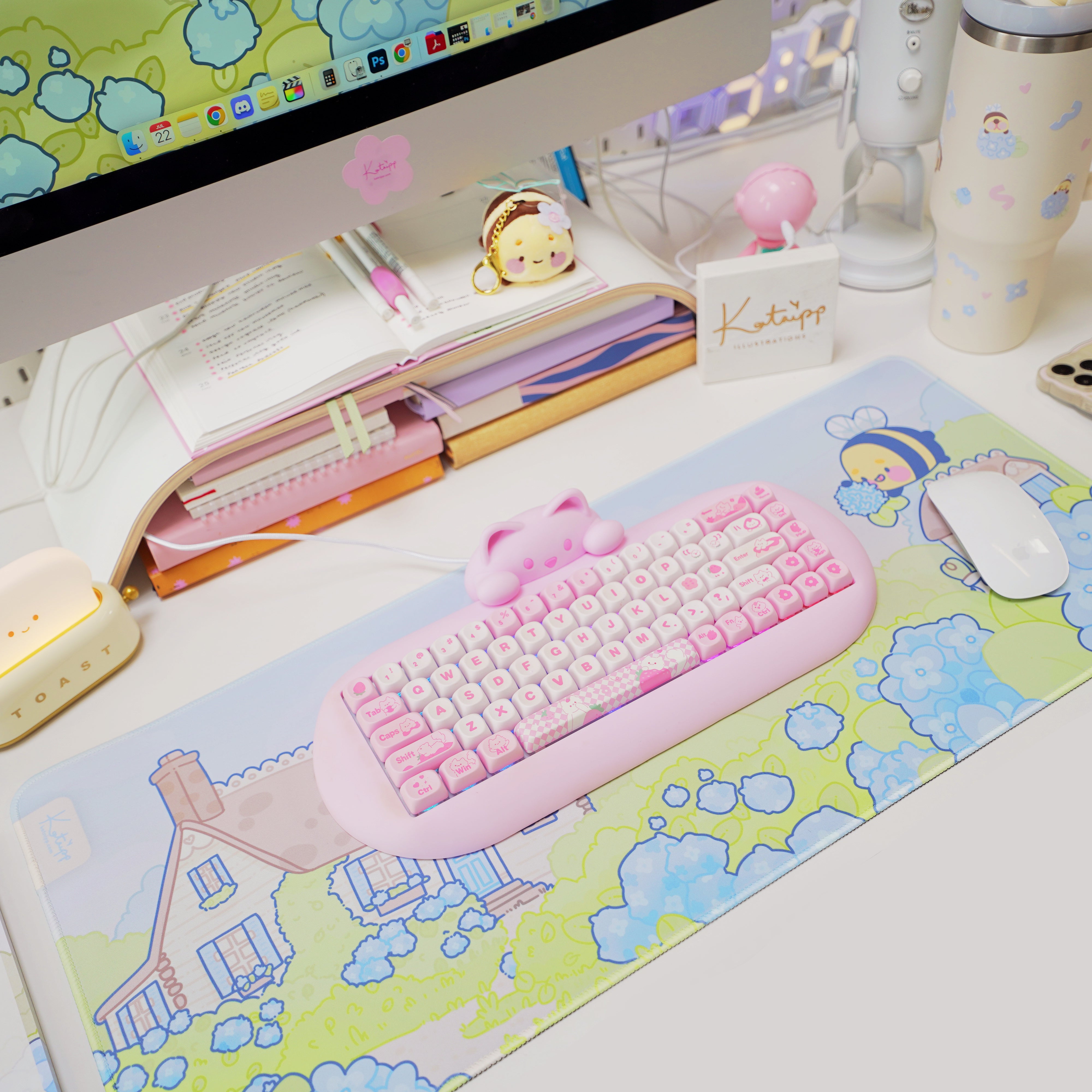 Blue Hydrangea XL Gaming Mouse Pad | Cottagecore Bumblebutt Desk Mat | Kawaii Floral Aesthetic Decor | Katnipp Studios