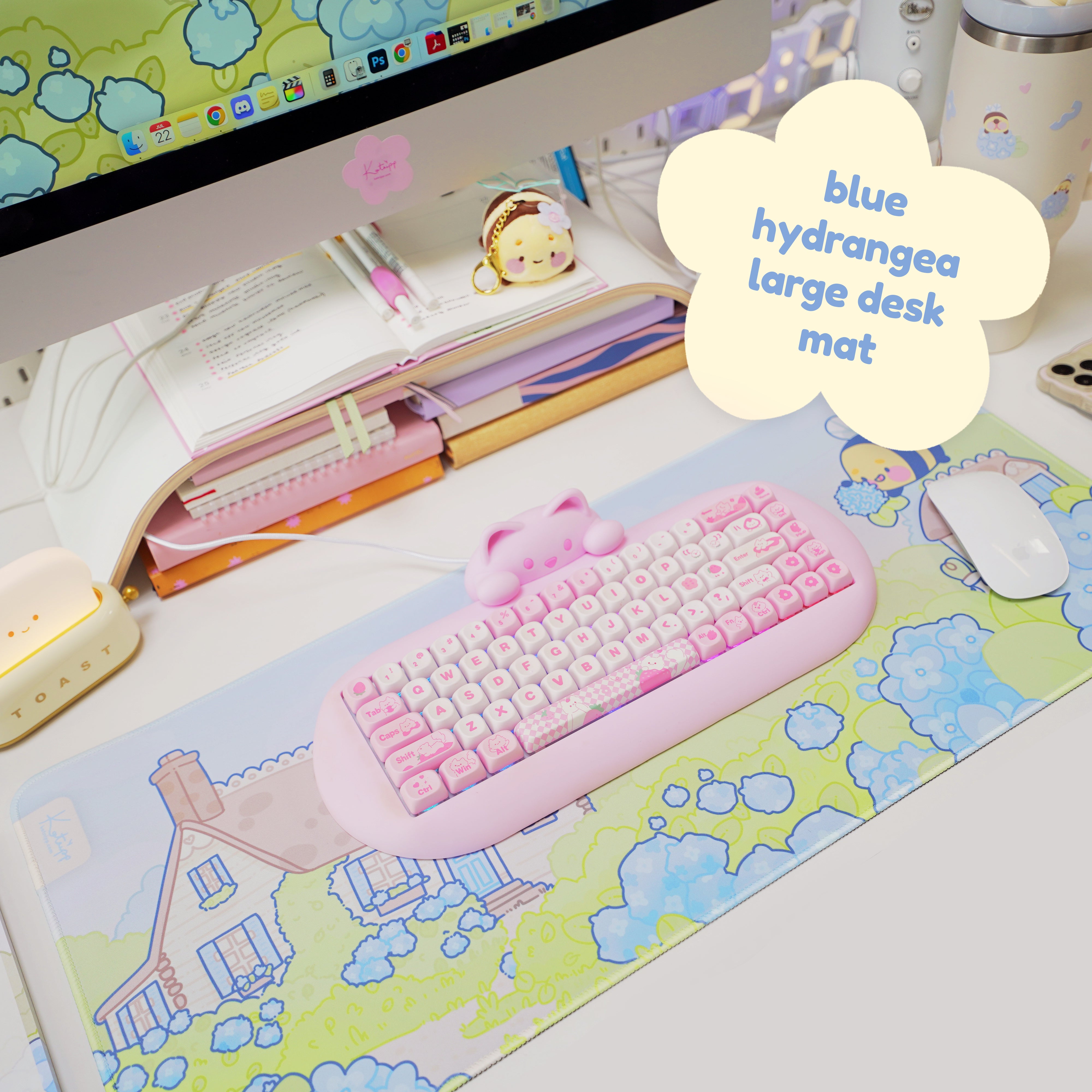 Blue Hydrangea XL Gaming Mouse Pad | Cottagecore Bumblebutt Desk Mat | Kawaii Floral Aesthetic Decor | Katnipp Studios