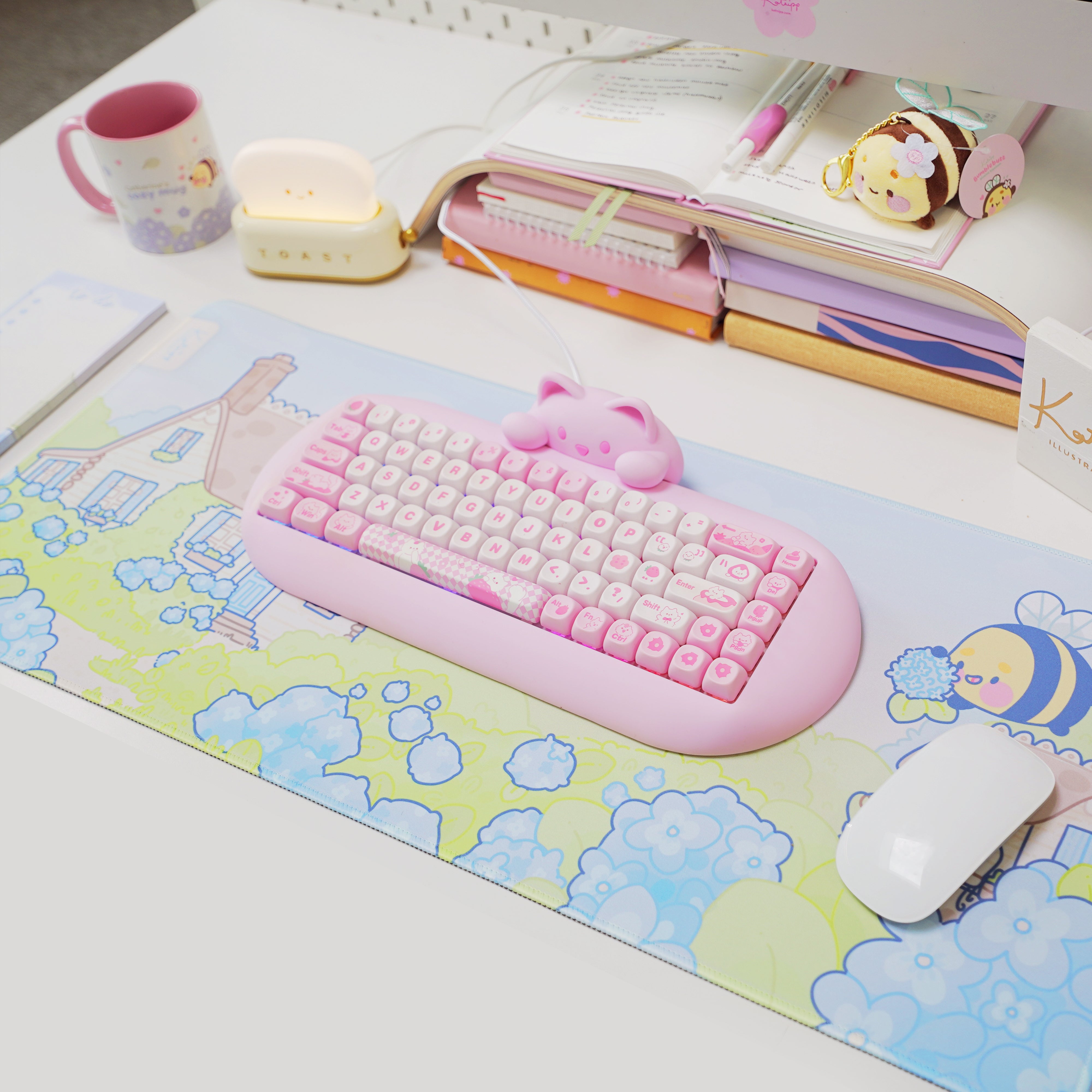 Blue Hydrangea XL Gaming Mouse Pad | Cottagecore Bumblebutt Desk Mat | Kawaii Floral Aesthetic Decor | Katnipp Studios