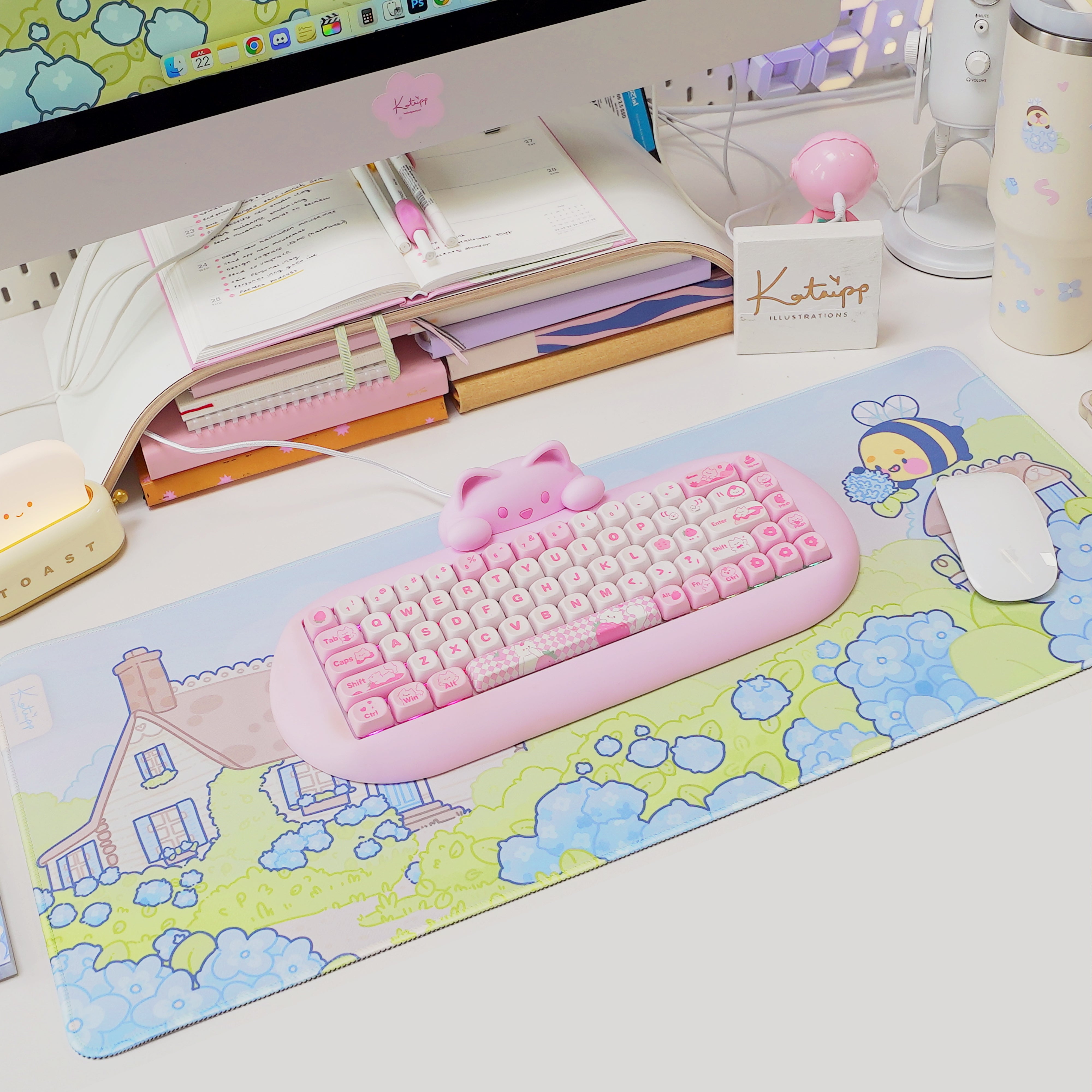 Blue Hydrangea XL Gaming Mouse Pad | Cottagecore Bumblebutt Desk Mat | Kawaii Floral Aesthetic Decor | Katnipp Studios