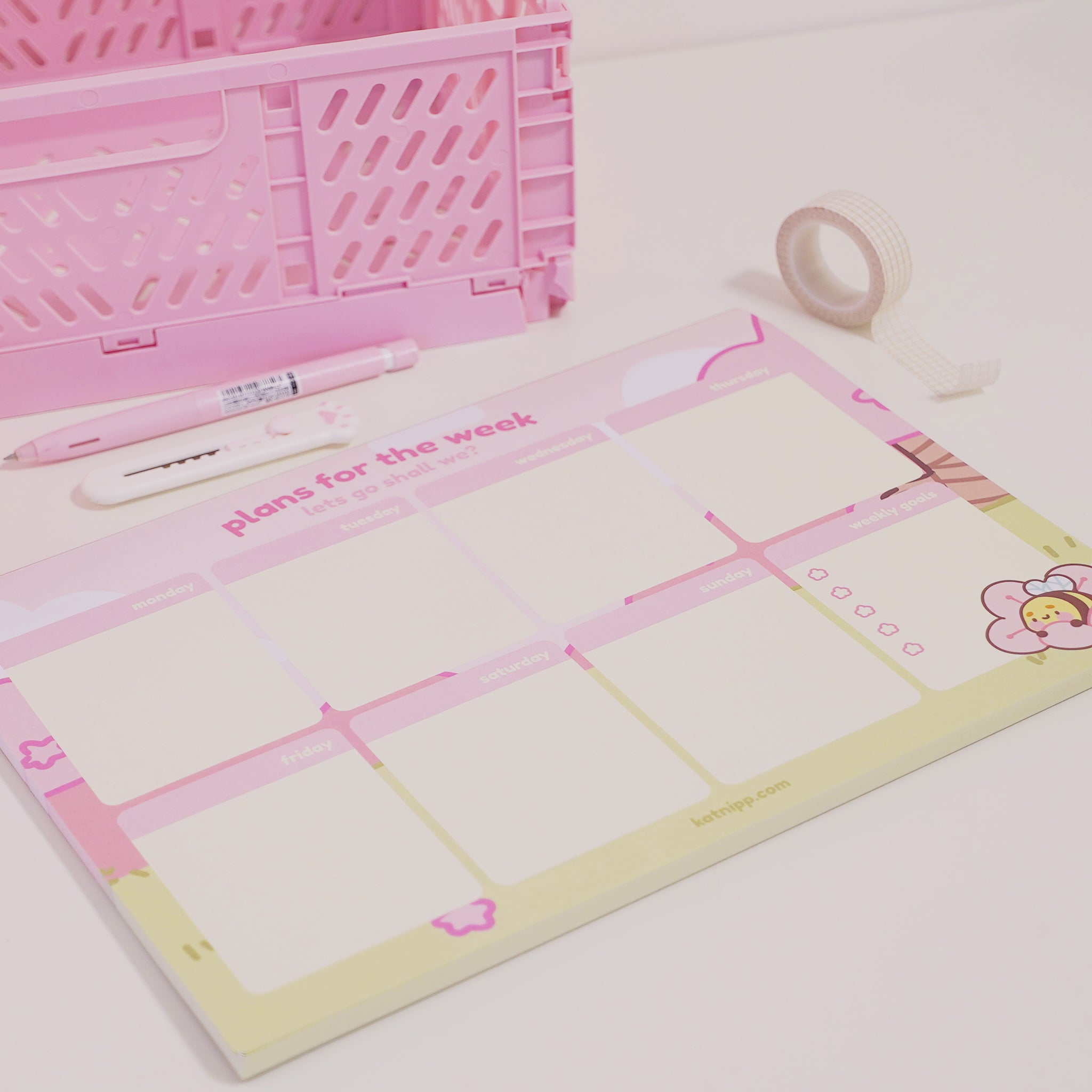A4 Sakura-inspired desktop planner featuring Bumblebutt the Bumblebee charm and cherry blossom illustrations. Perfect for weekly planning, washi