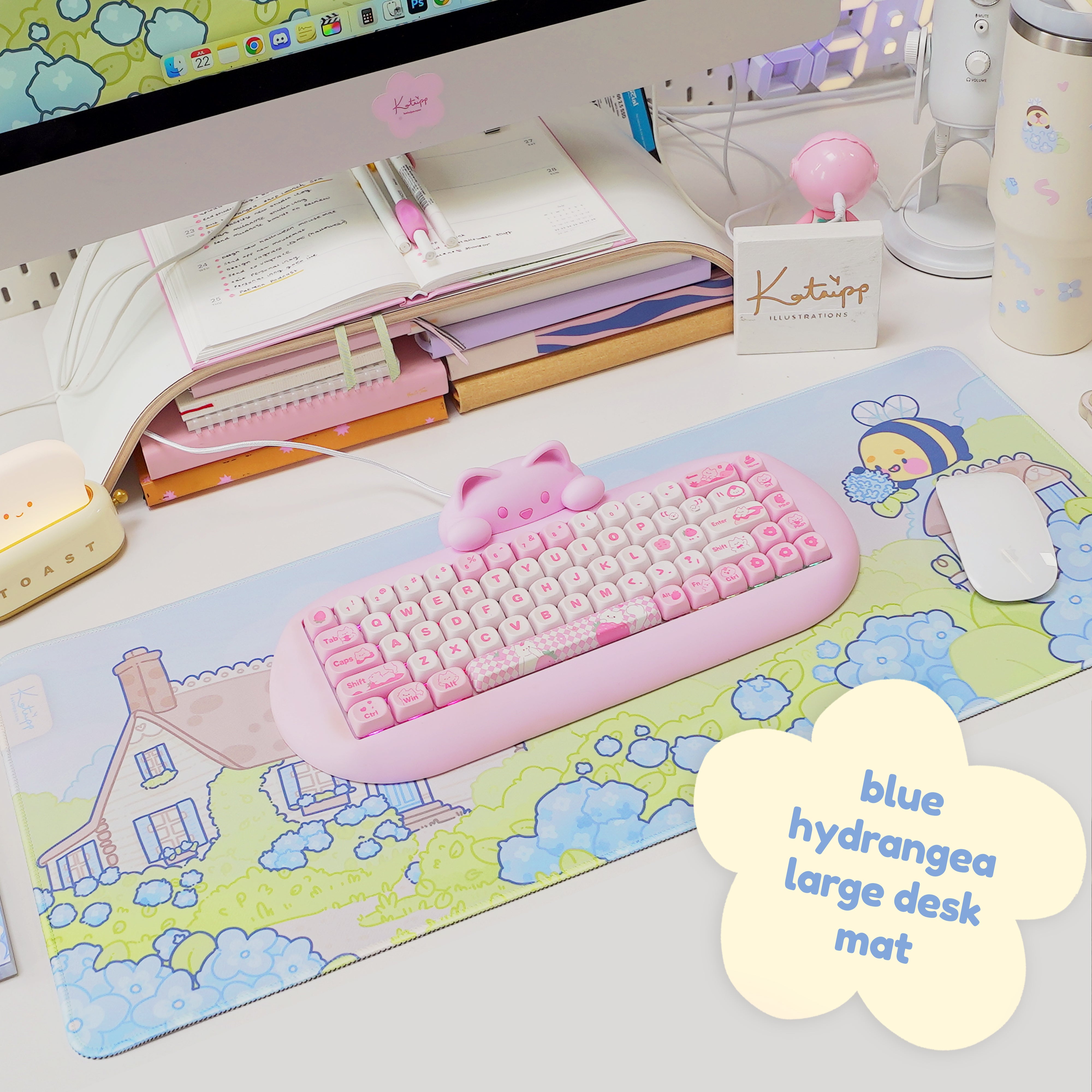 Blue Hydrangea XL Gaming Mouse Pad | Cottagecore Bumblebutt Desk Mat | Kawaii Floral Aesthetic Decor | Katnipp Studios