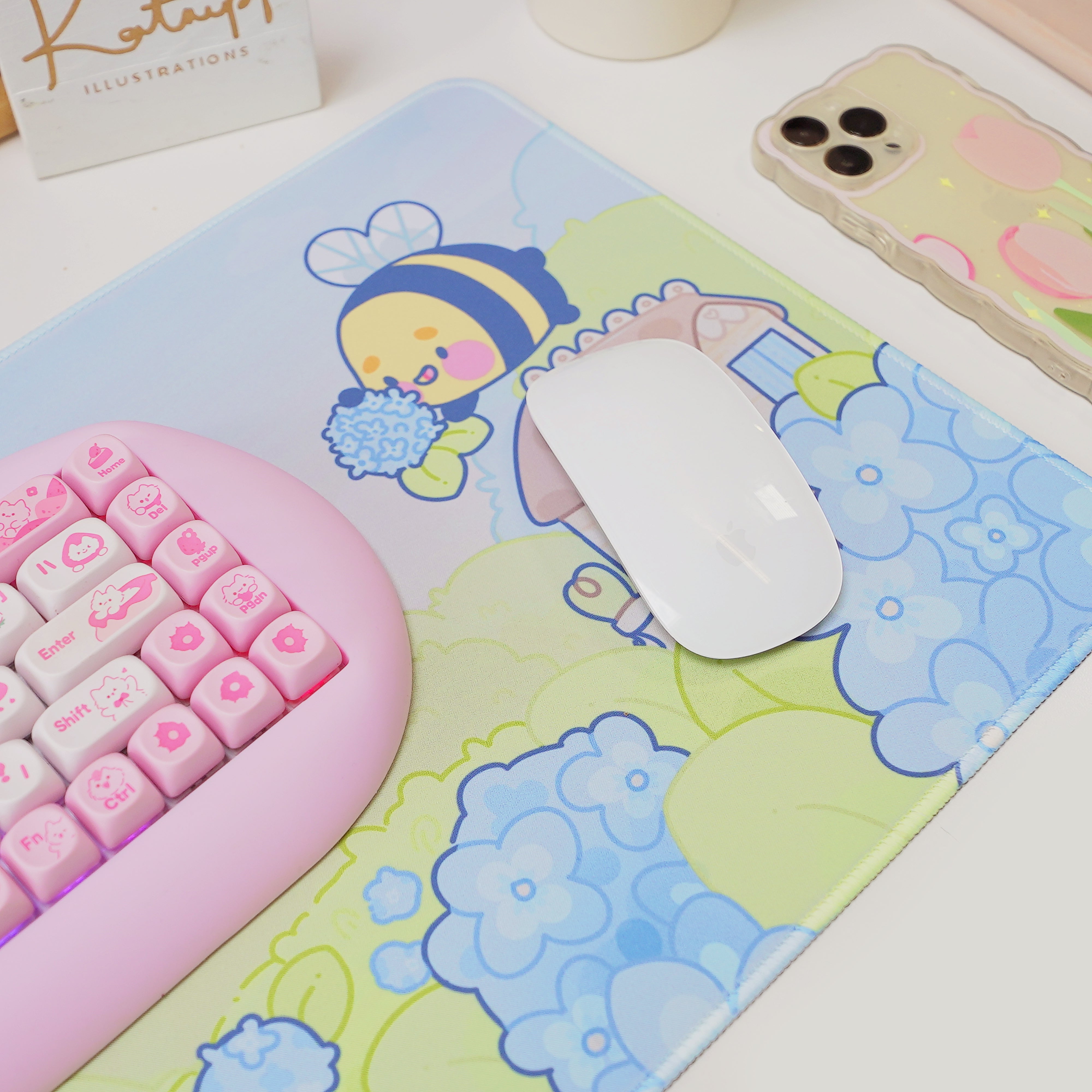 Blue Hydrangea XL Gaming Mouse Pad | Cottagecore Bumblebutt Desk Mat | Kawaii Floral Aesthetic Decor | Katnipp Studios