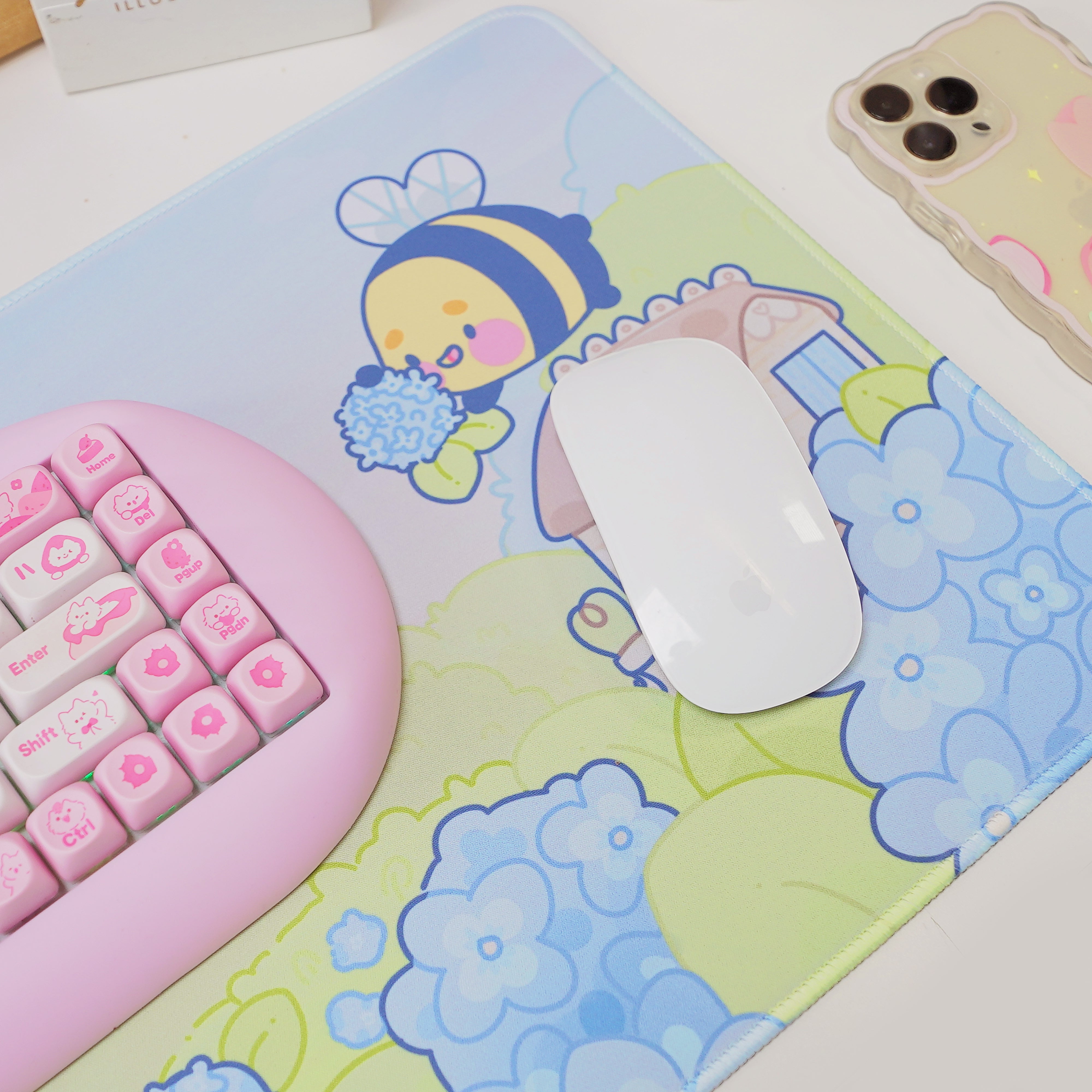Blue Hydrangea XL Gaming Mouse Pad | Cottagecore Bumblebutt Desk Mat | Kawaii Floral Aesthetic Decor | Katnipp Studios