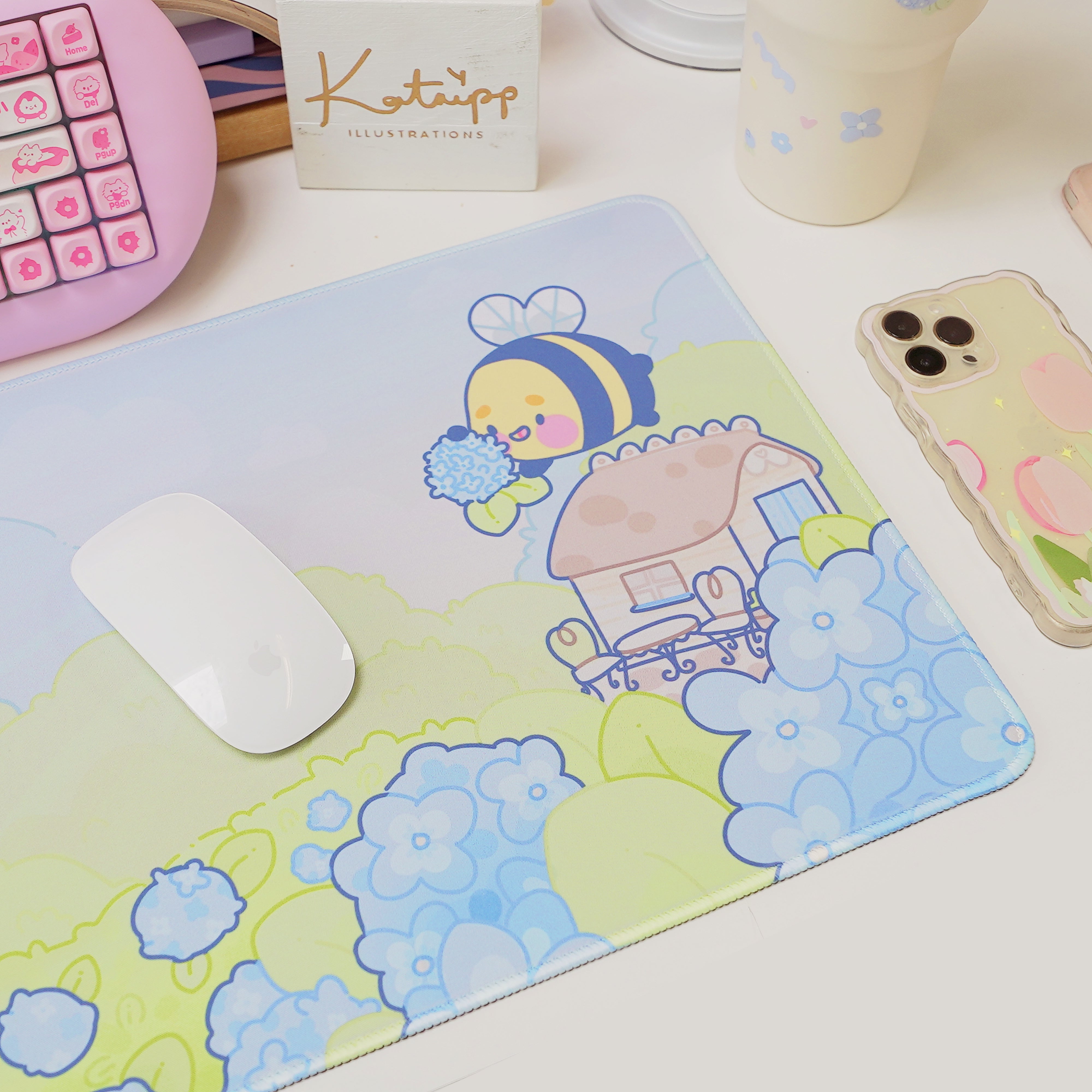 Blue Hydrangea XL Gaming Mouse Pad | Cottagecore Bumblebutt Desk Mat | Kawaii Floral Aesthetic Decor | Katnipp Studios