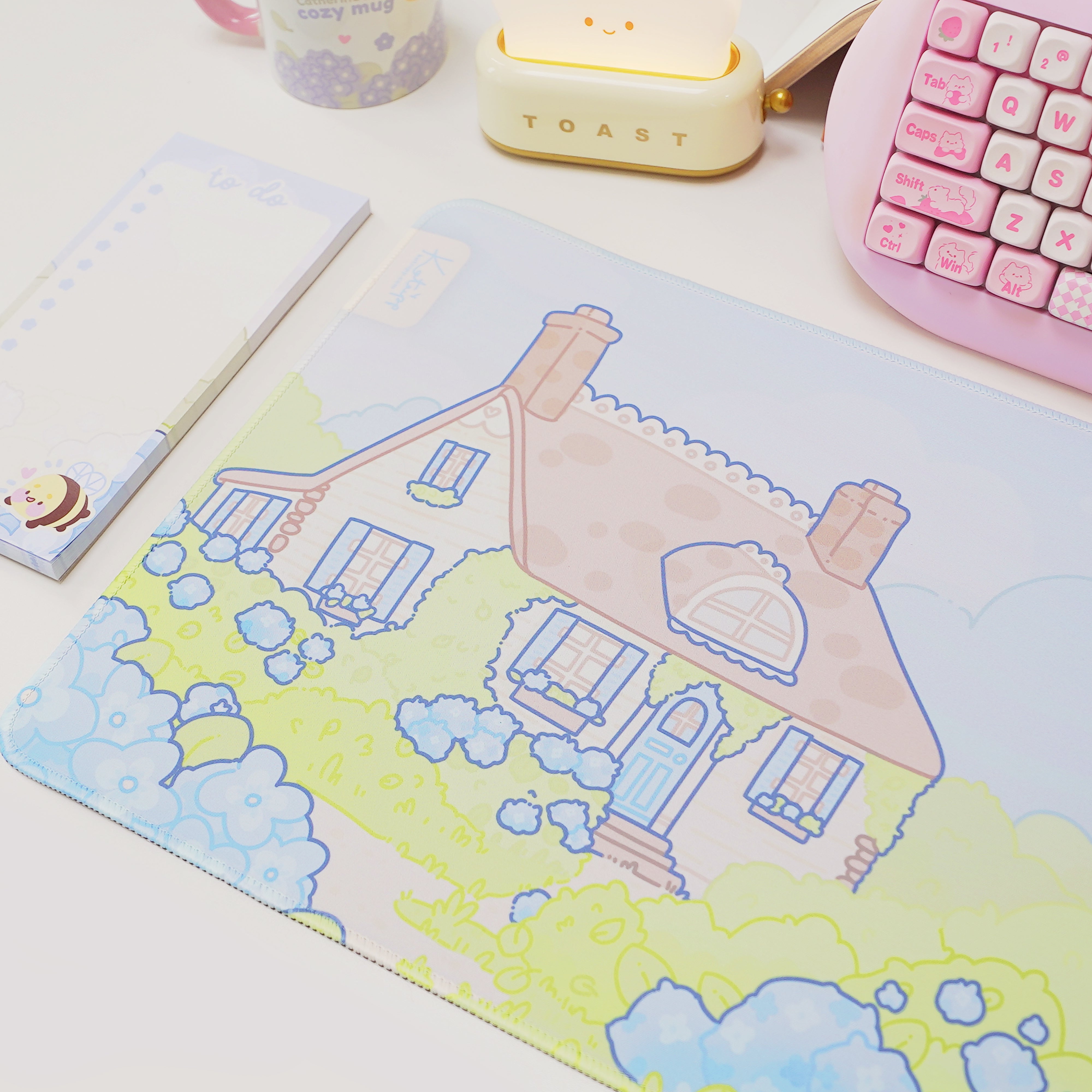 Blue Hydrangea XL Gaming Mouse Pad | Cottagecore Bumblebutt Desk Mat | Kawaii Floral Aesthetic Decor | Katnipp Studios