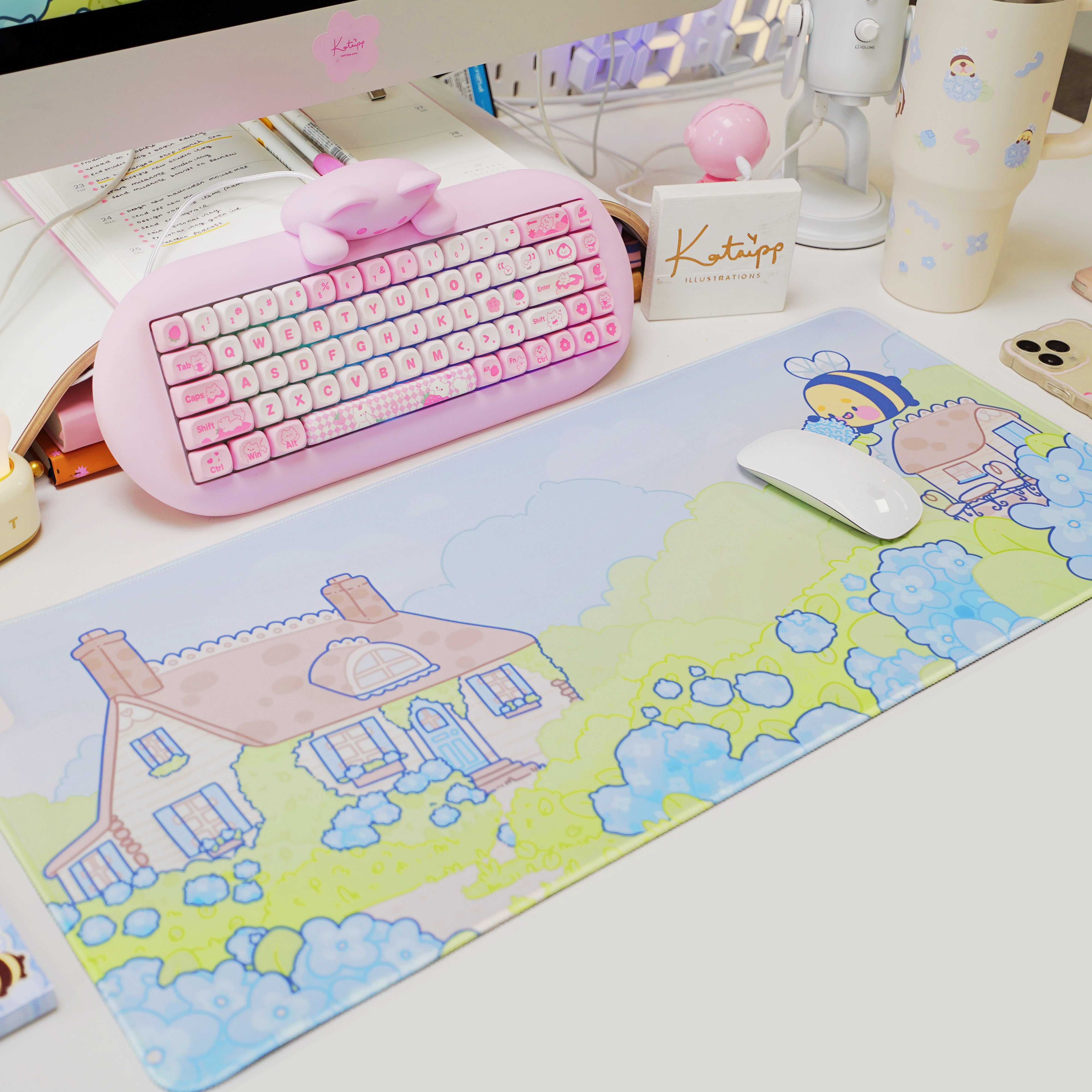 Blue Hydrangea XL Gaming Mouse Pad | Cottagecore Bumblebutt Desk Mat | Kawaii Floral Aesthetic Decor | Katnipp Studios