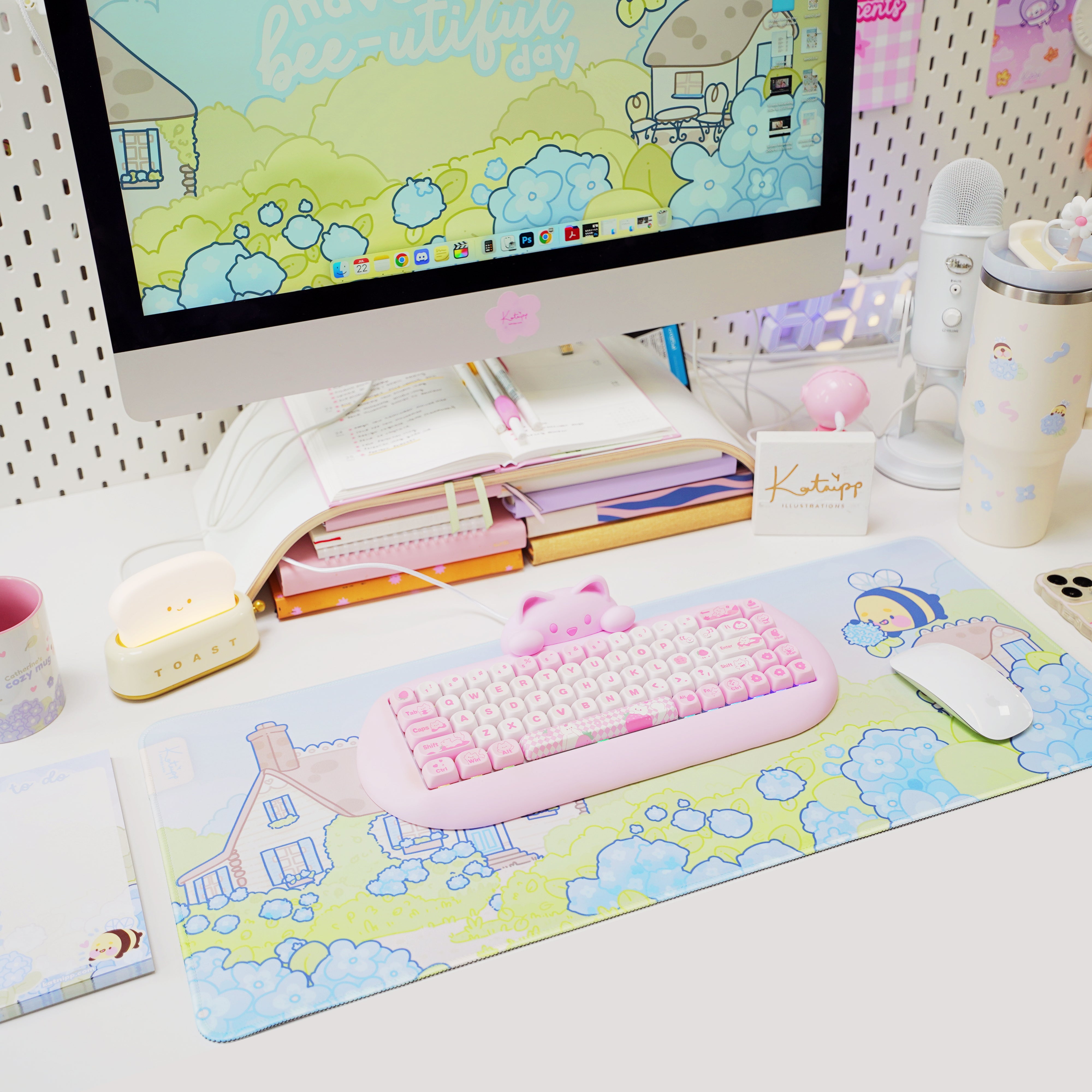 Blue Hydrangea XL Gaming Mouse Pad | Cottagecore Bumblebutt Desk Mat | Kawaii Floral Aesthetic Decor | Katnipp Studios