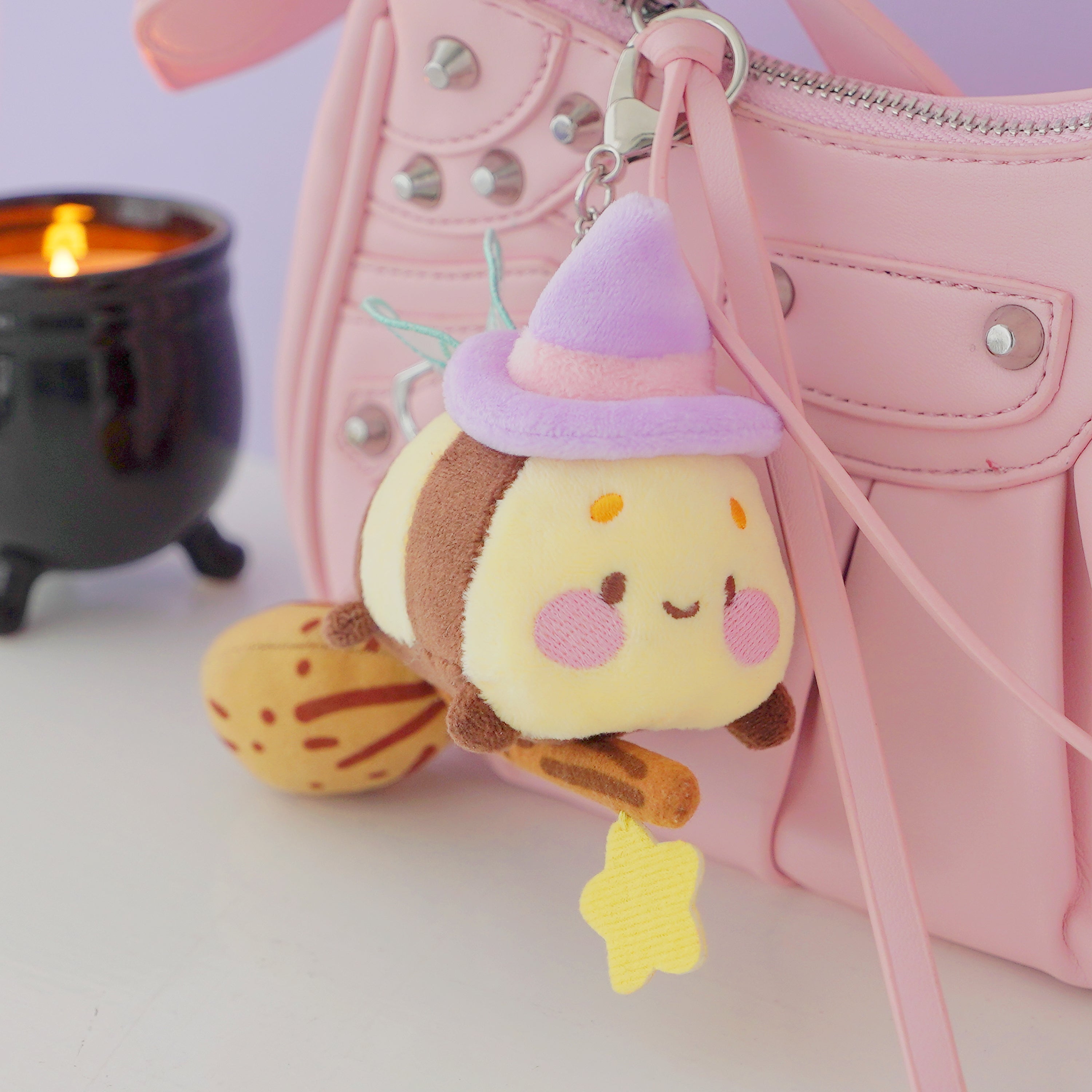 Bumblebutt & The Pastel Witch Keychain | Kawaii Bee Witch Plush on Broom | Cute Halloween Keyring