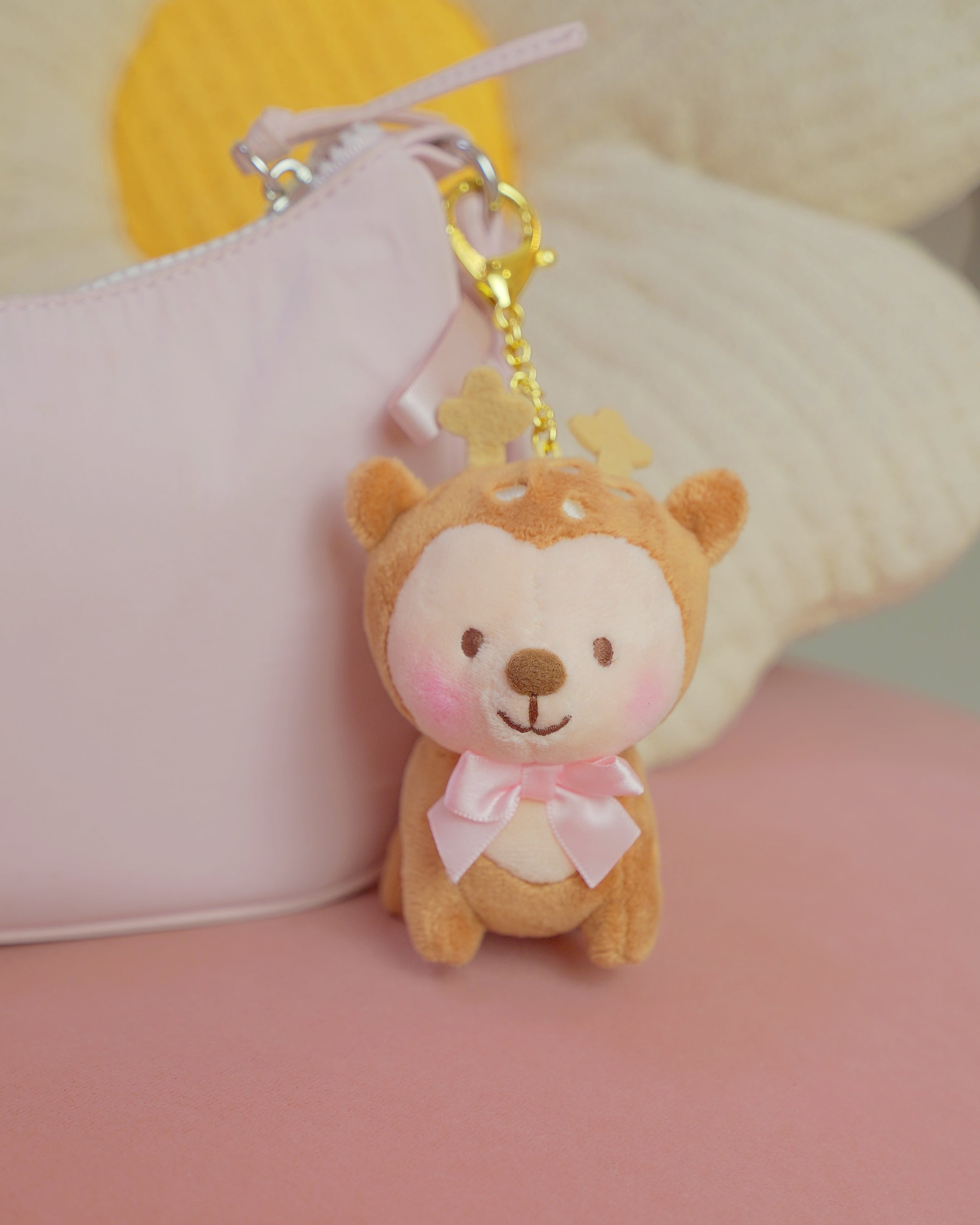 Cinnamon the Deer Keychain Plush | Kawaii Cottagecore Coquette Plush | Whimsical Pink Bow Deer Plushie