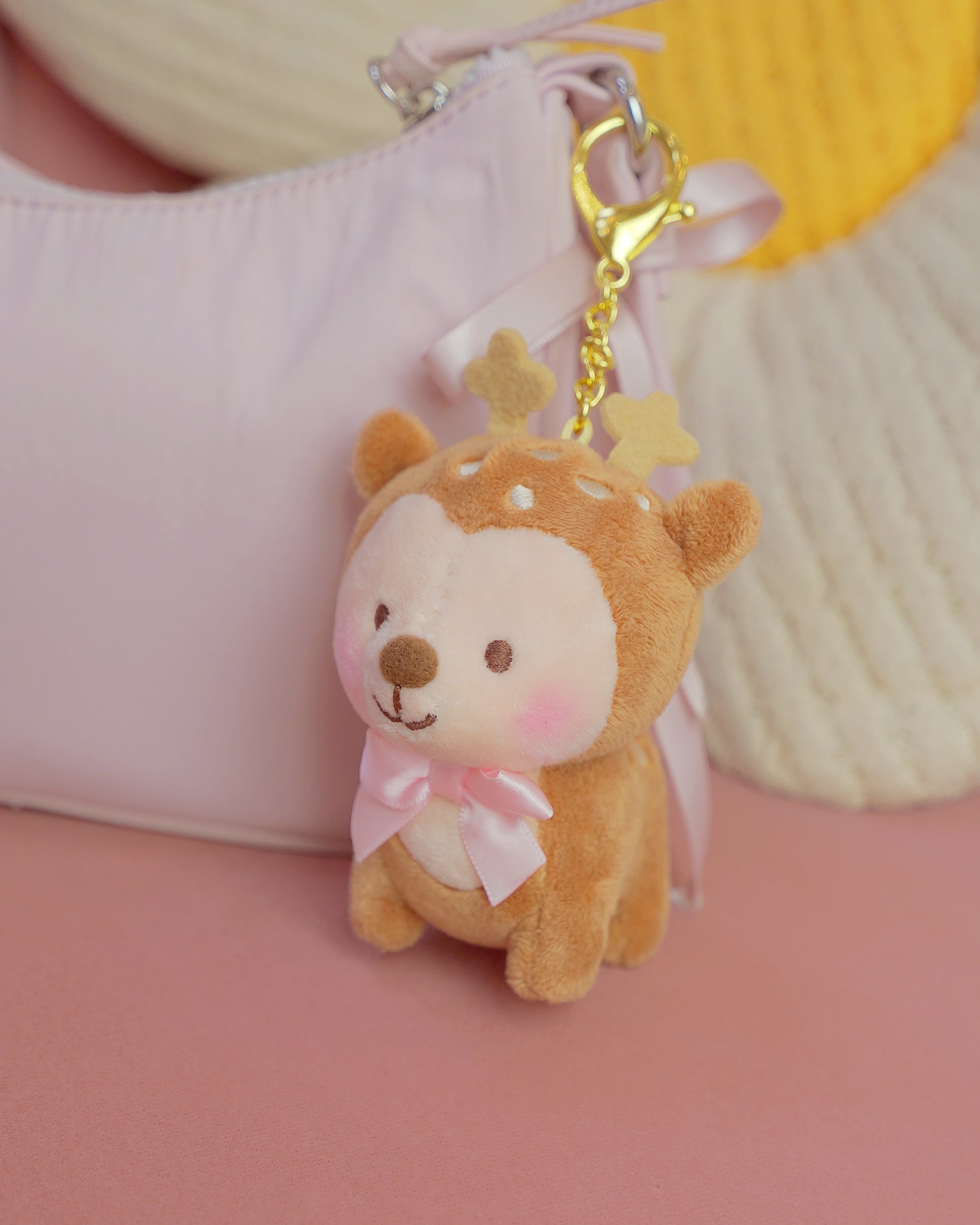 Cinnamon the Deer Keychain Plush | Kawaii Cottagecore Coquette Plush | Whimsical Pink Bow Deer Plushie