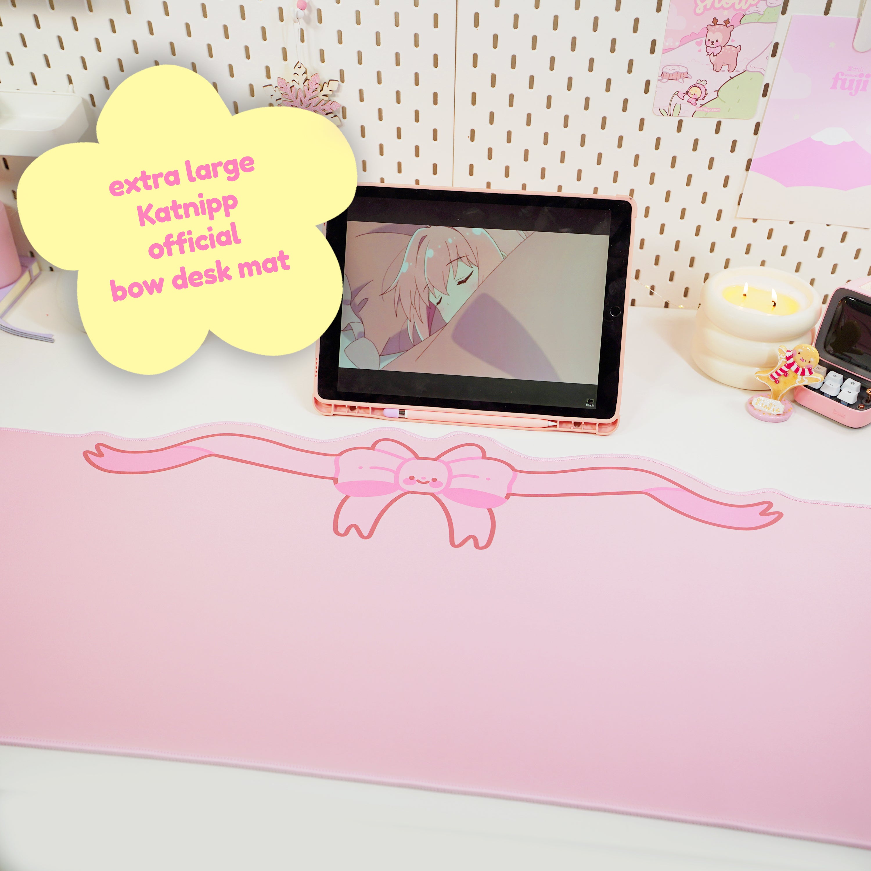 Coquette Pink Bow Desk Mat | Kawaii Gaming Mouse Pad | Cute Pastel Aesthetic Desk Decor | Katnipp Studios