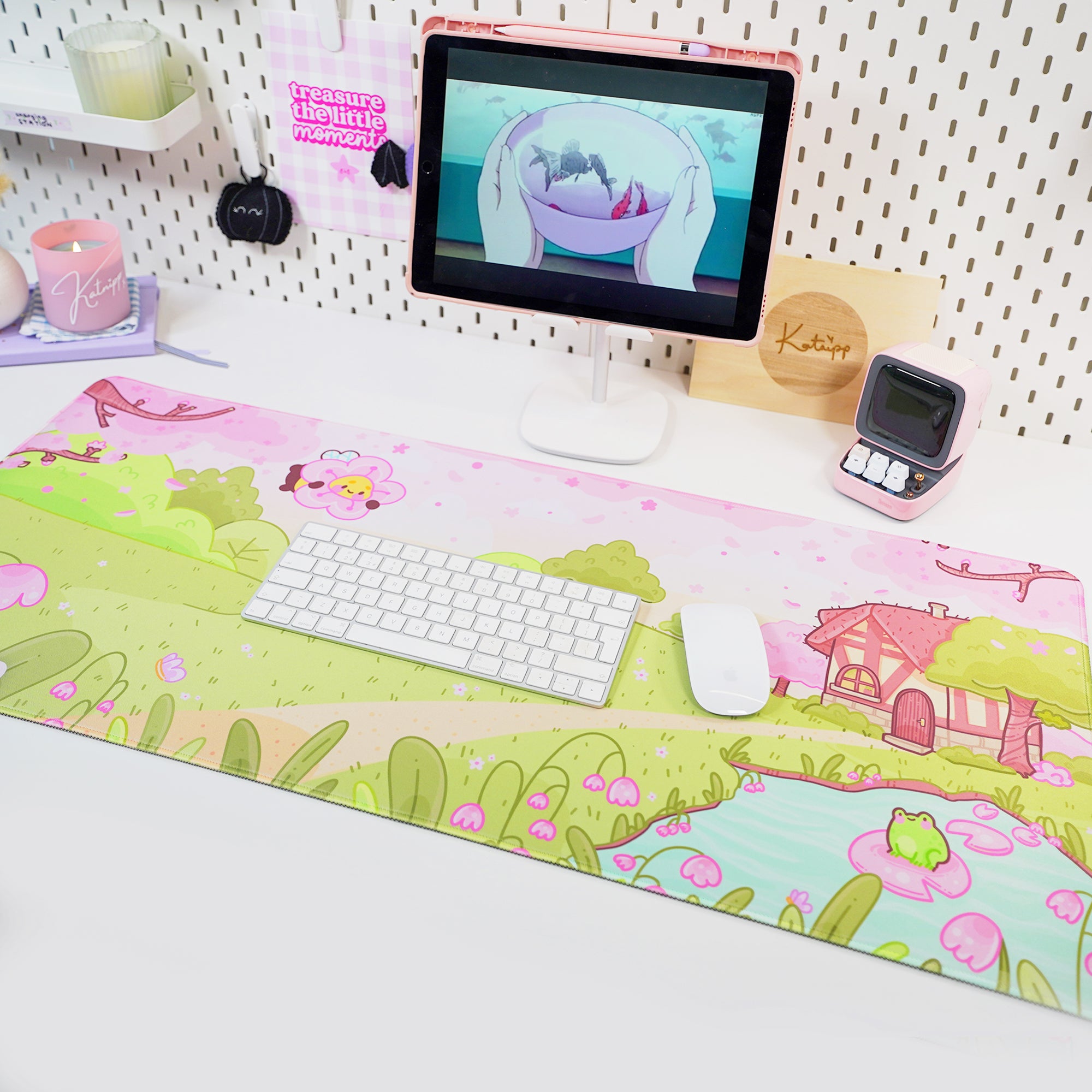 Sakura Cherry Blossom Gaming Desk Mat | Froggo & Bumblebutt Kawaii Mouse Pad | Cottagecore Spring Desk Decor | Katnipp Studios