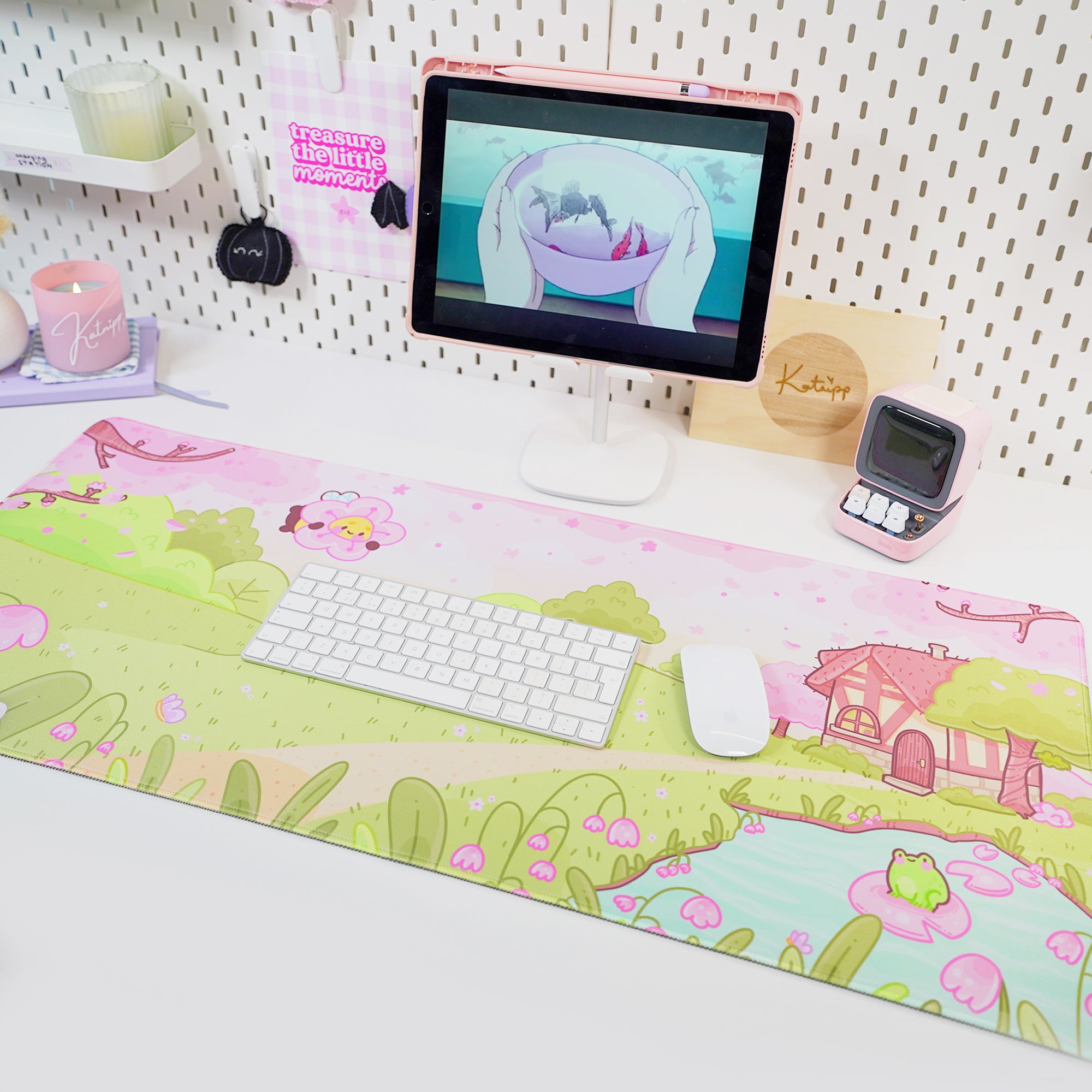 Sakura Cherry Blossom Gaming Desk Mat | Froggo & Bumblebutt Kawaii Mouse Pad | Cottagecore Spring Desk Decor | Katnipp Studios