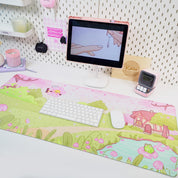 Sakura Cherry Blossom Gaming Desk Mat | Froggo & Bumblebutt Kawaii Mouse Pad | Cottagecore Spring Desk Decor | Katnipp Studios