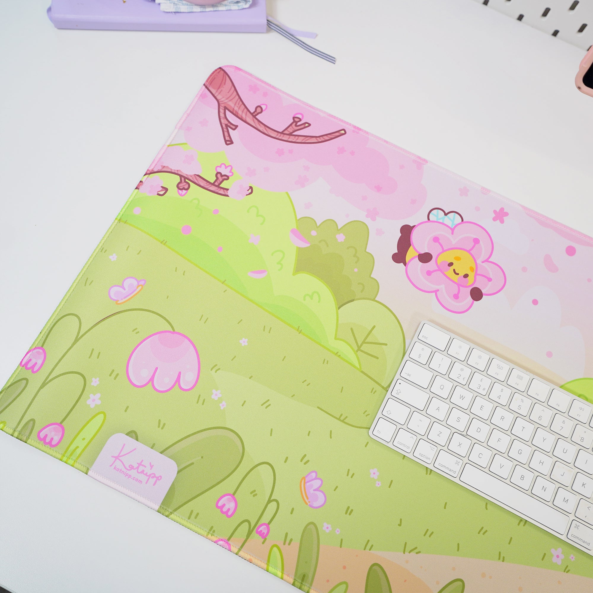 Sakura Cherry Blossom Gaming Desk Mat | Froggo & Bumblebutt Kawaii Mouse Pad | Cottagecore Spring Desk Decor | Katnipp Studios
