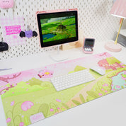Sakura Cherry Blossom Gaming Desk Mat | Froggo & Bumblebutt Kawaii Mouse Pad | Cottagecore Spring Desk Decor | Katnipp Studios