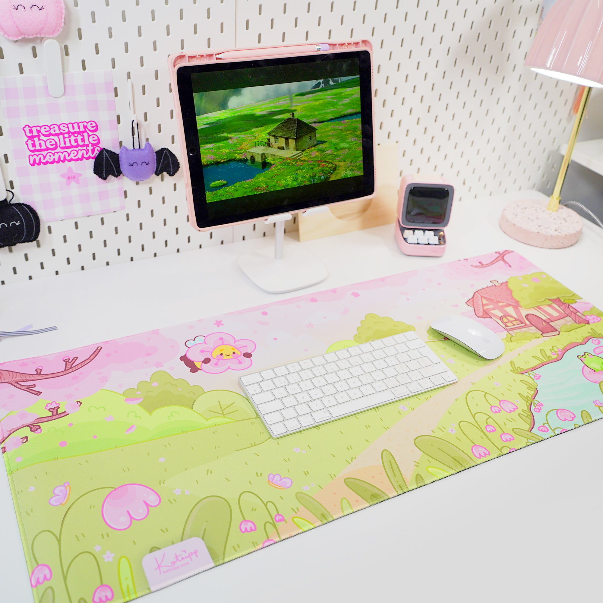 Sakura Cherry Blossom Gaming Desk Mat | Froggo & Bumblebutt Kawaii Mouse Pad | Cottagecore Spring Desk Decor | Katnipp Studios