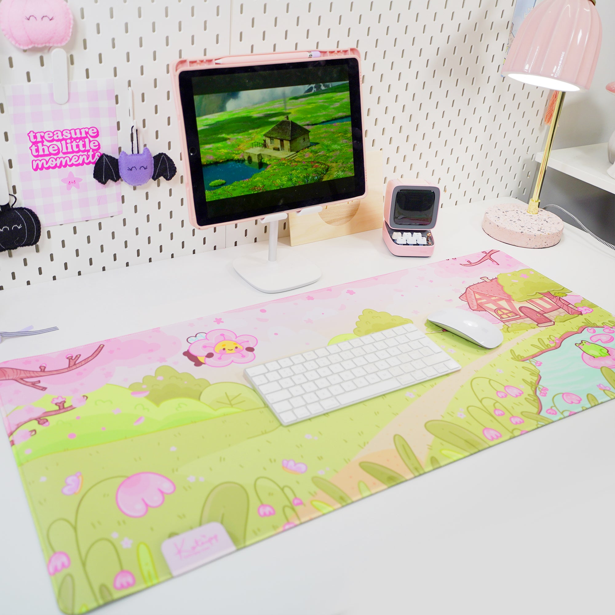 Sakura Cherry Blossom Gaming Desk Mat | Froggo & Bumblebutt Kawaii Mouse Pad | Cottagecore Spring Desk Decor | Katnipp Studios
