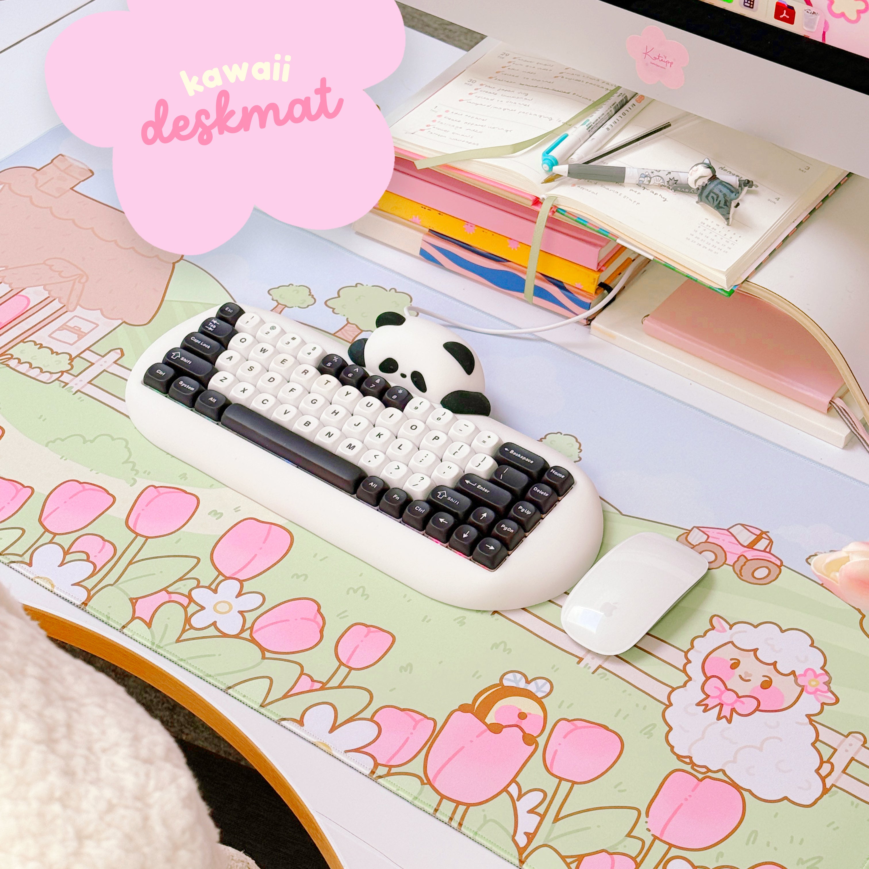A gaming desk mat with a whimsical spring design, featuring cartoon sheep, tulips, and a cottage, in a large size covering most of the desk.
