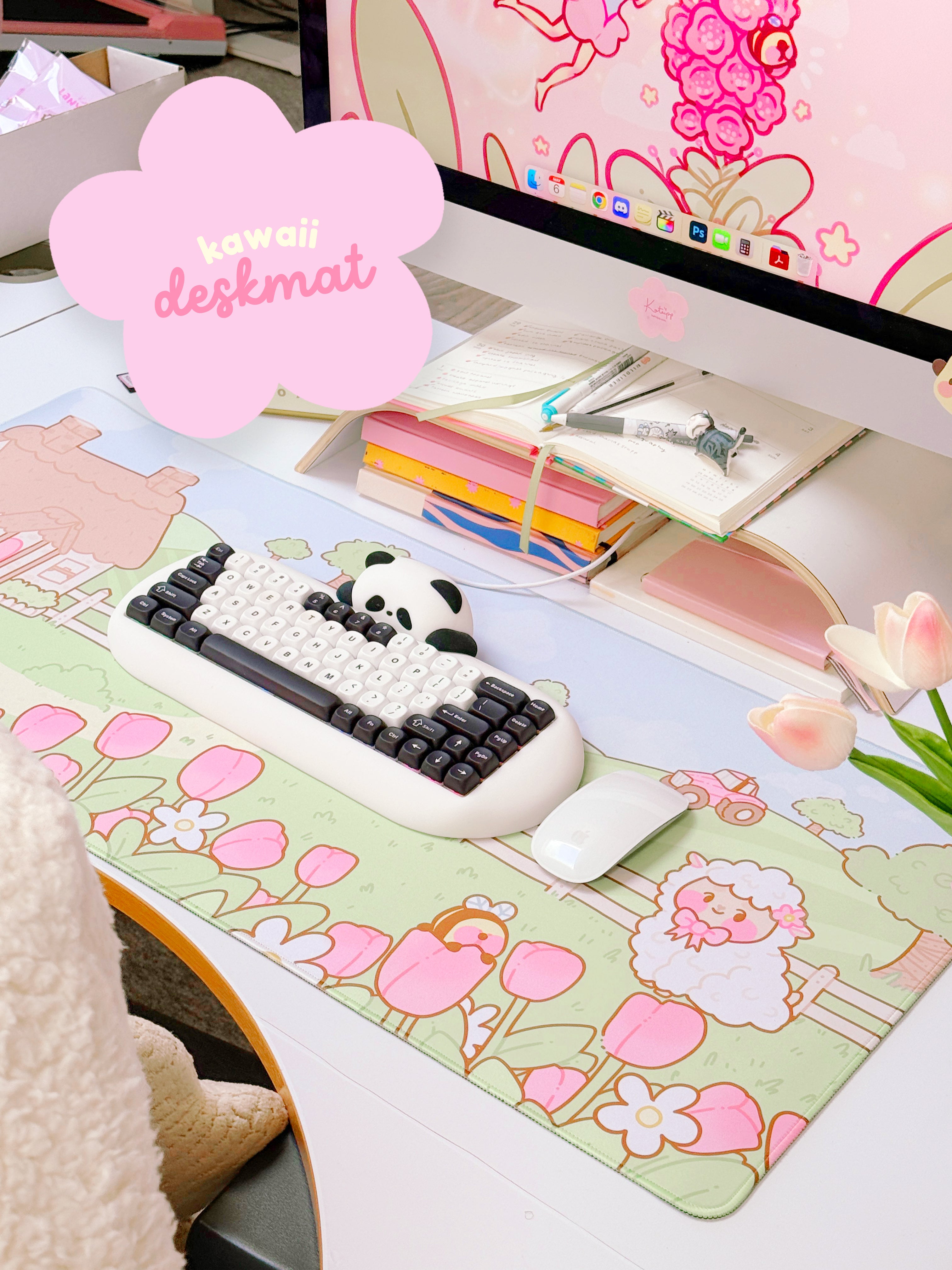 Sugapuff Sheep Gaming Desk Mat | Whimsical Spring Cottagecore Mouse Pad | Katnipp Pastel Spring Collection