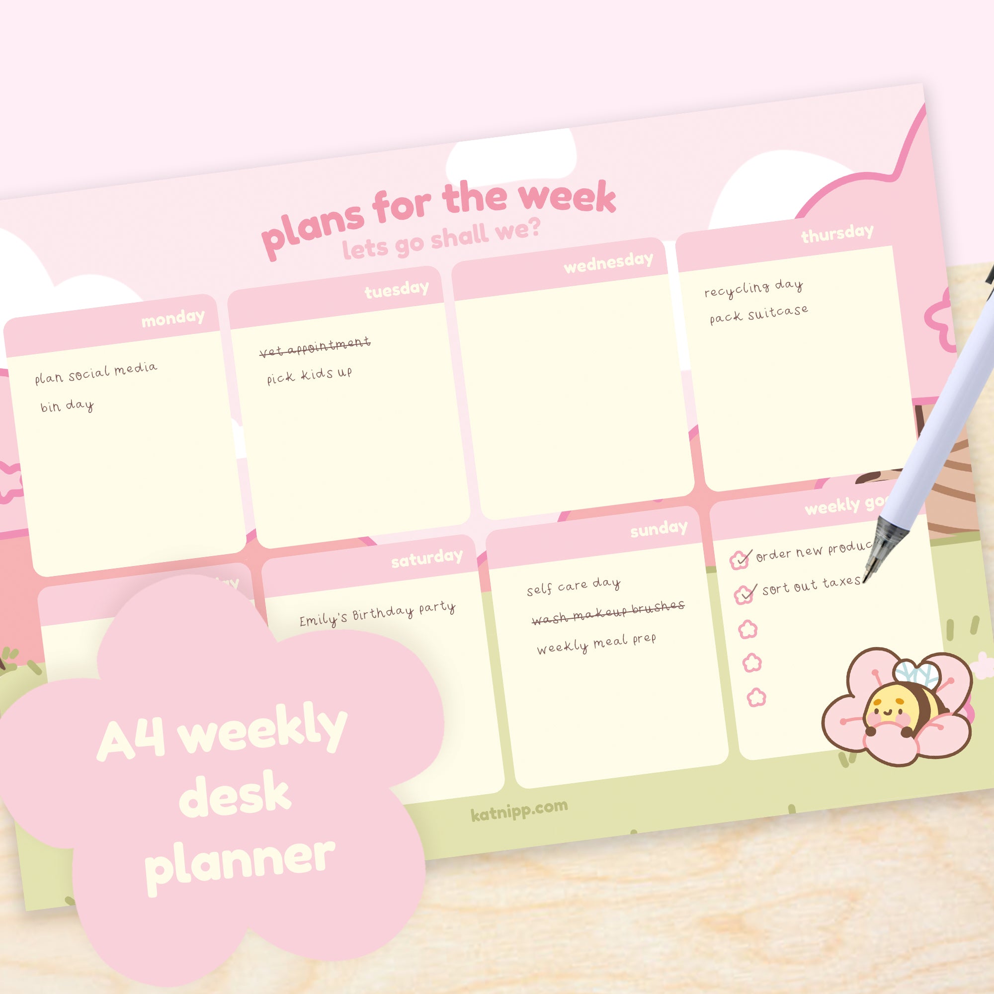 A4 Sakura-inspired desktop planner featuring Bumblebutt the Bumblebee charm and cherry blossom illustrations. Perfect for weekly planning, main