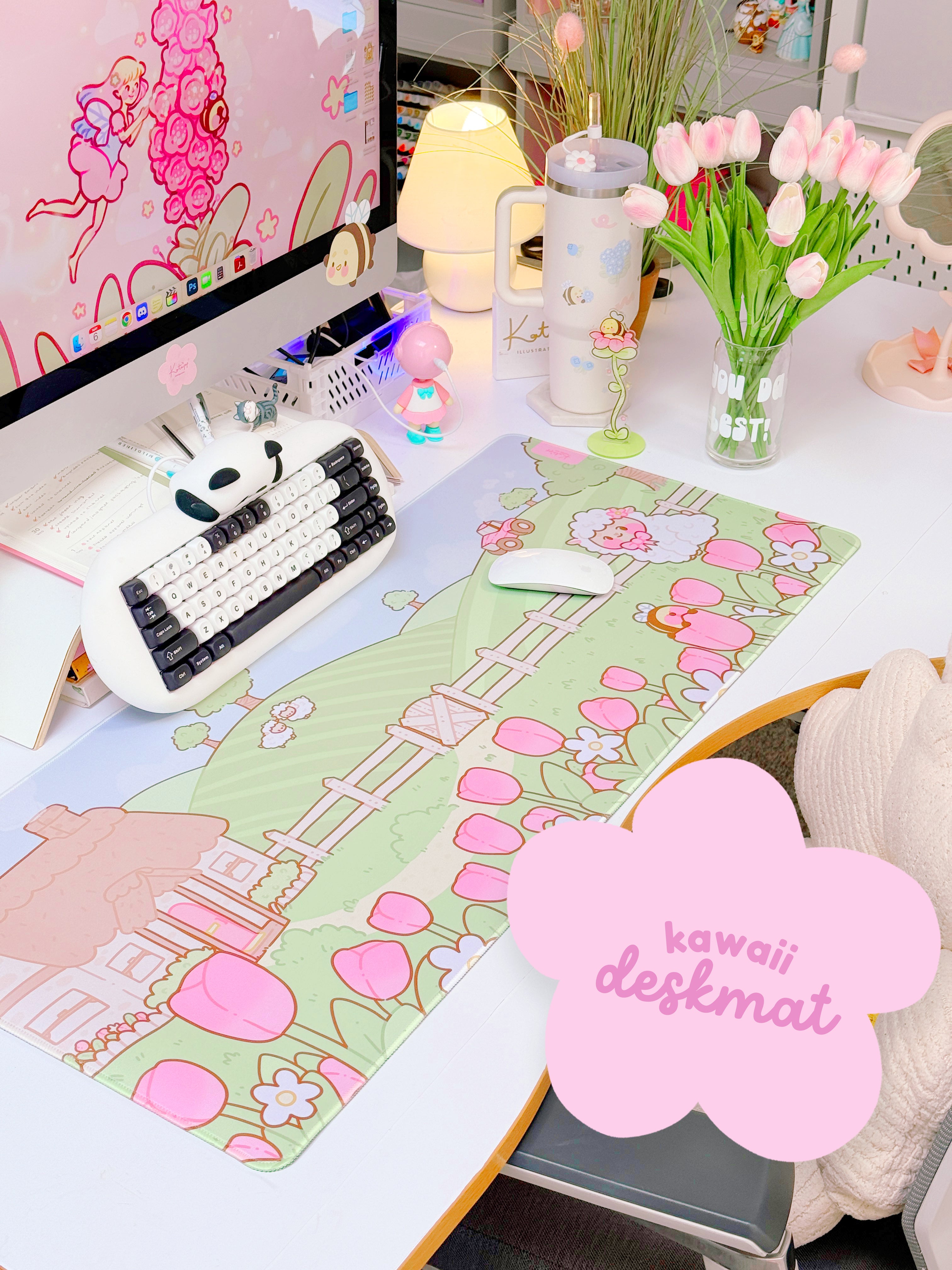 Sugapuff Sheep Gaming Desk Mat | Whimsical Spring Cottagecore Mouse Pad | Katnipp Pastel Spring Collection