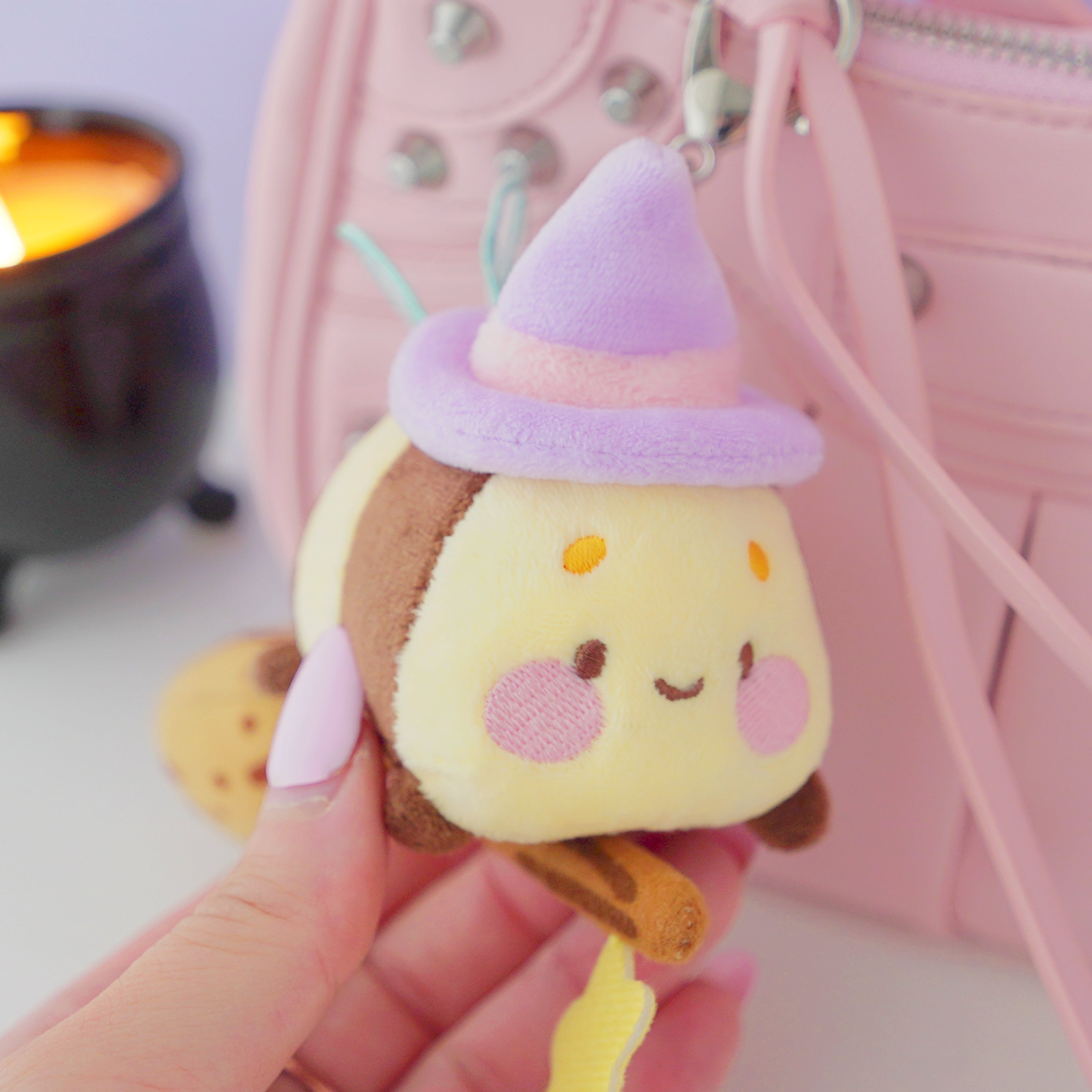 Bumblebutt & The Pastel Witch Keychain | Kawaii Bee Witch Plush on Broom | Cute Halloween Keyring
