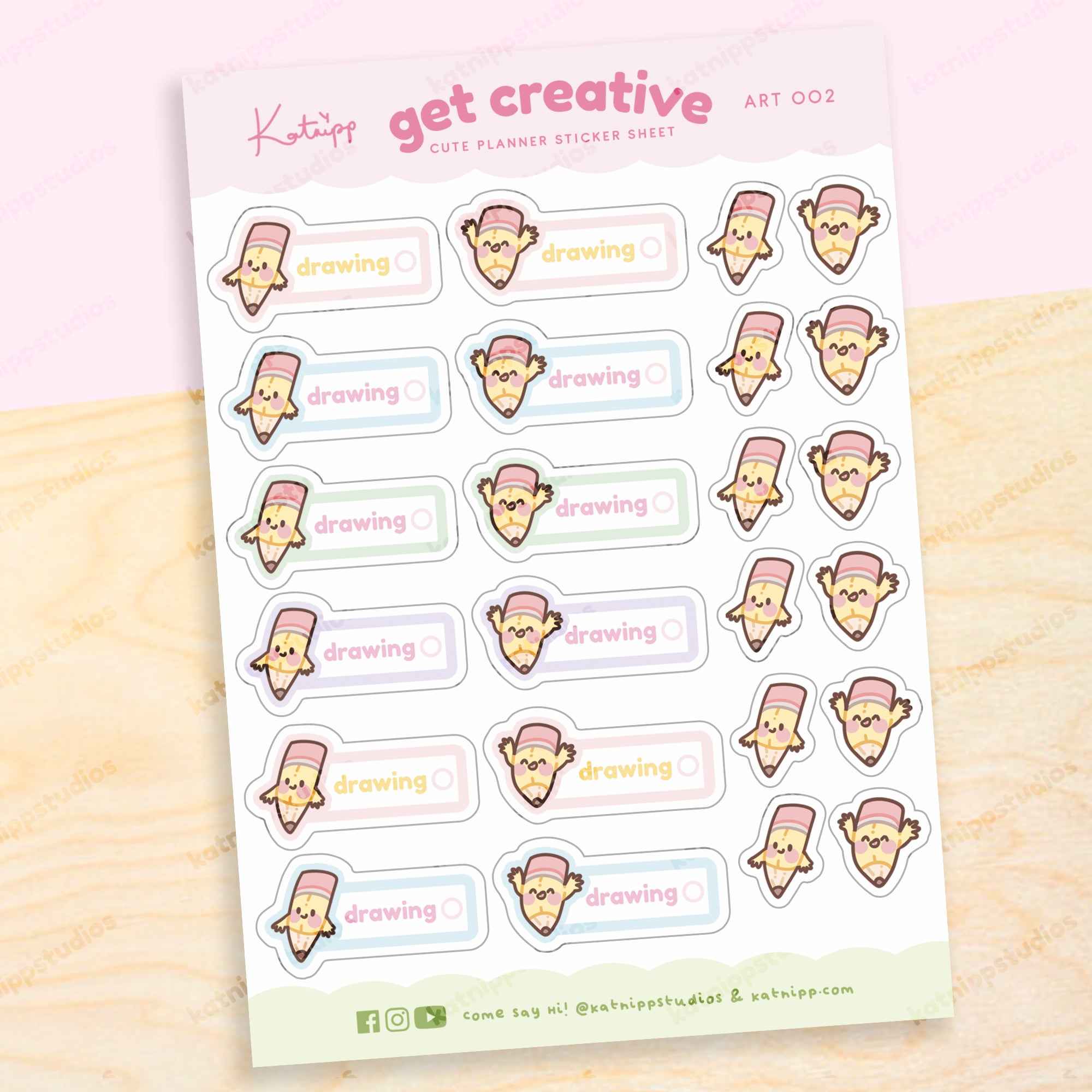 Artist Pencil Sticker Sheet - Original Illustrations - Handmade with Love - A6 Premium Paper - 10.5cm x 15cm - Katnipp Studios, above
