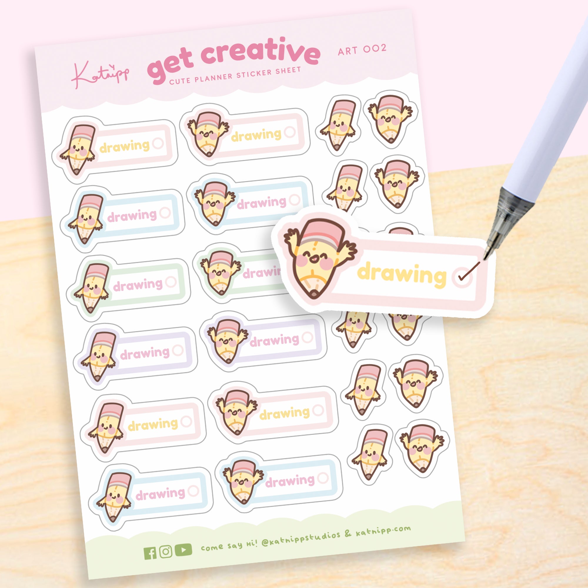 Artist Pencil Sticker Sheet - Original Illustrations - Handmade with Love - A6 Premium Paper - 10.5cm x 15cm - Katnipp Studios, main