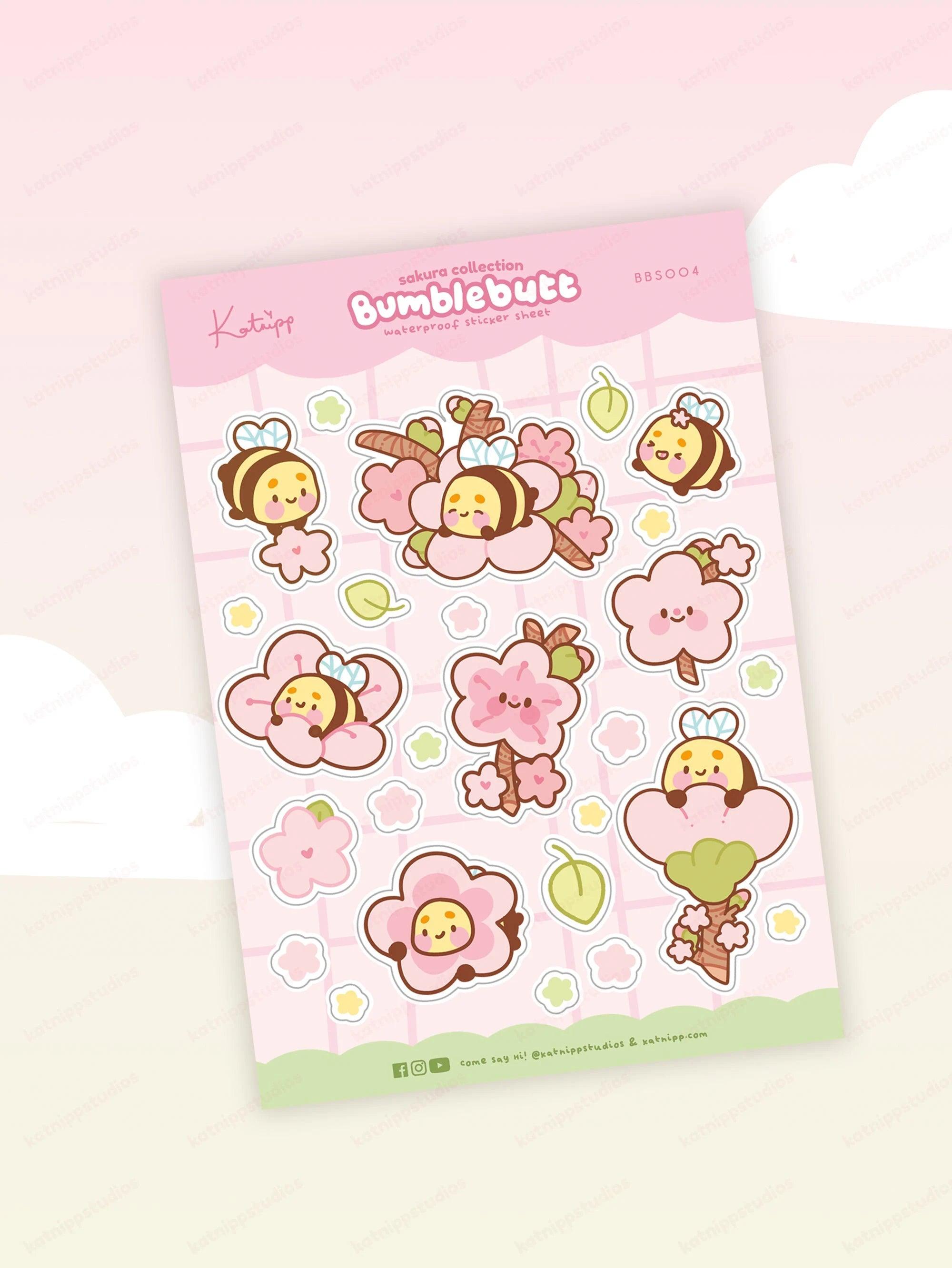 Bumblebutt Sakura A5 sticker sheet featuring cute bumblebee and cherry blossom designs. Waterproof vinyl stickers for planners, journals, and more, secondary