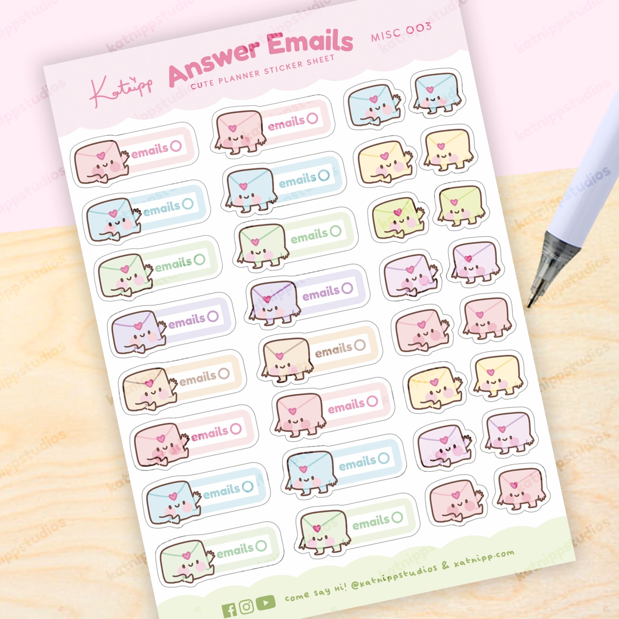 Answer Emails Sticker Sheet | A6 Kawaii Planner Stickers | MISC 003 Katnipp character product