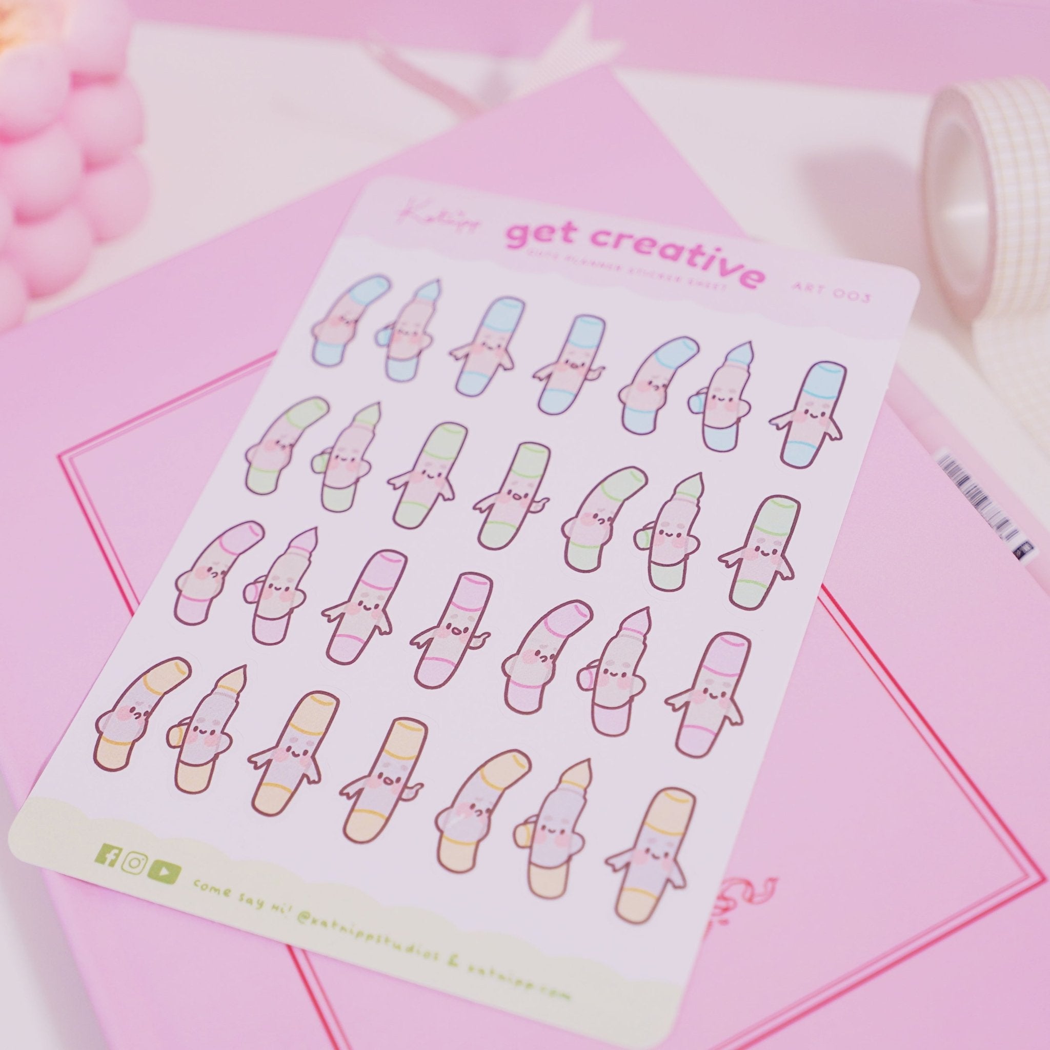 Artist Marker Pen Sticker Sheet | A6 Kawaii Pastel Art Stickers | ART 003 Katnipp character product