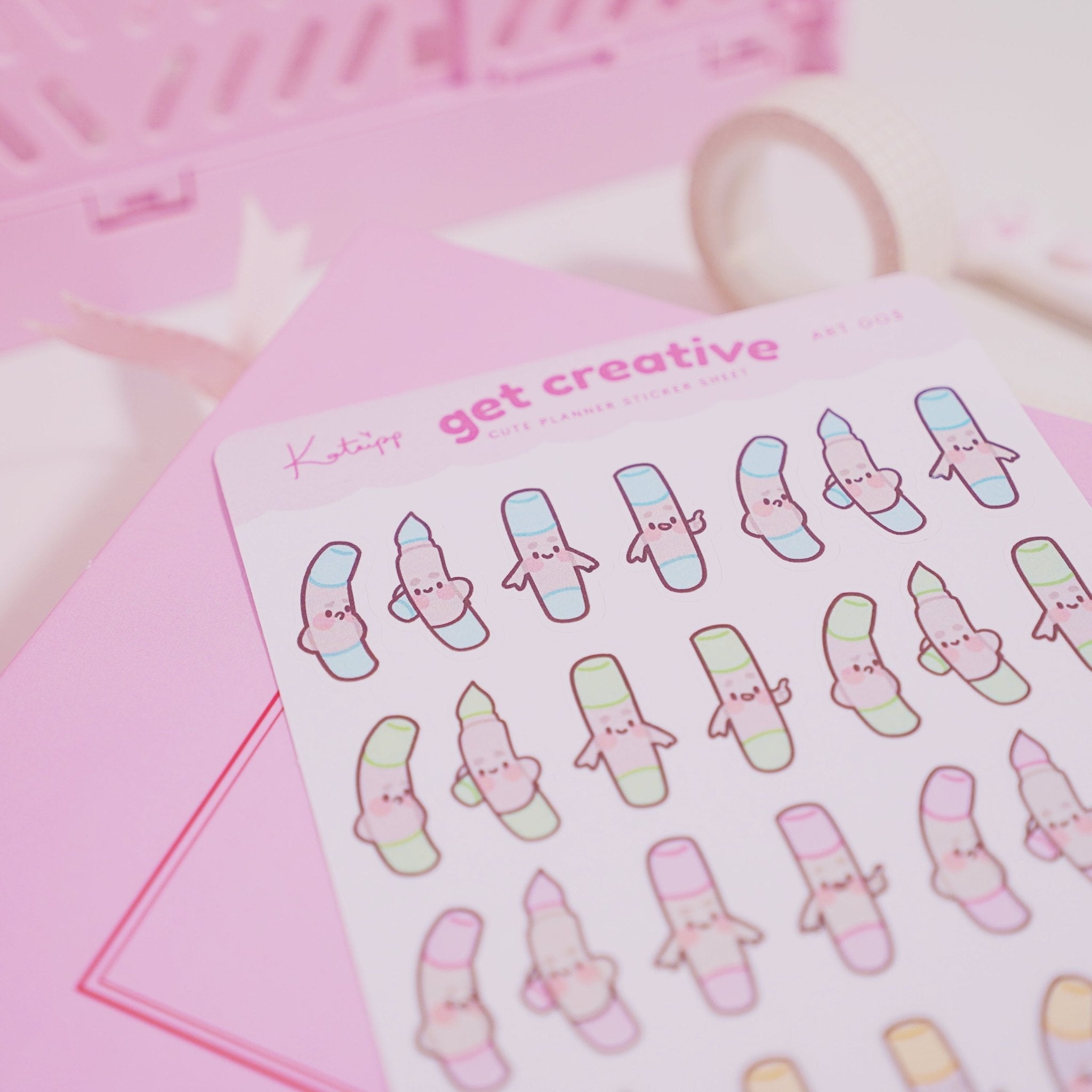 Artist Marker Pen Sticker Sheet | A6 Kawaii Pastel Art Stickers | ART 003 Katnipp character product